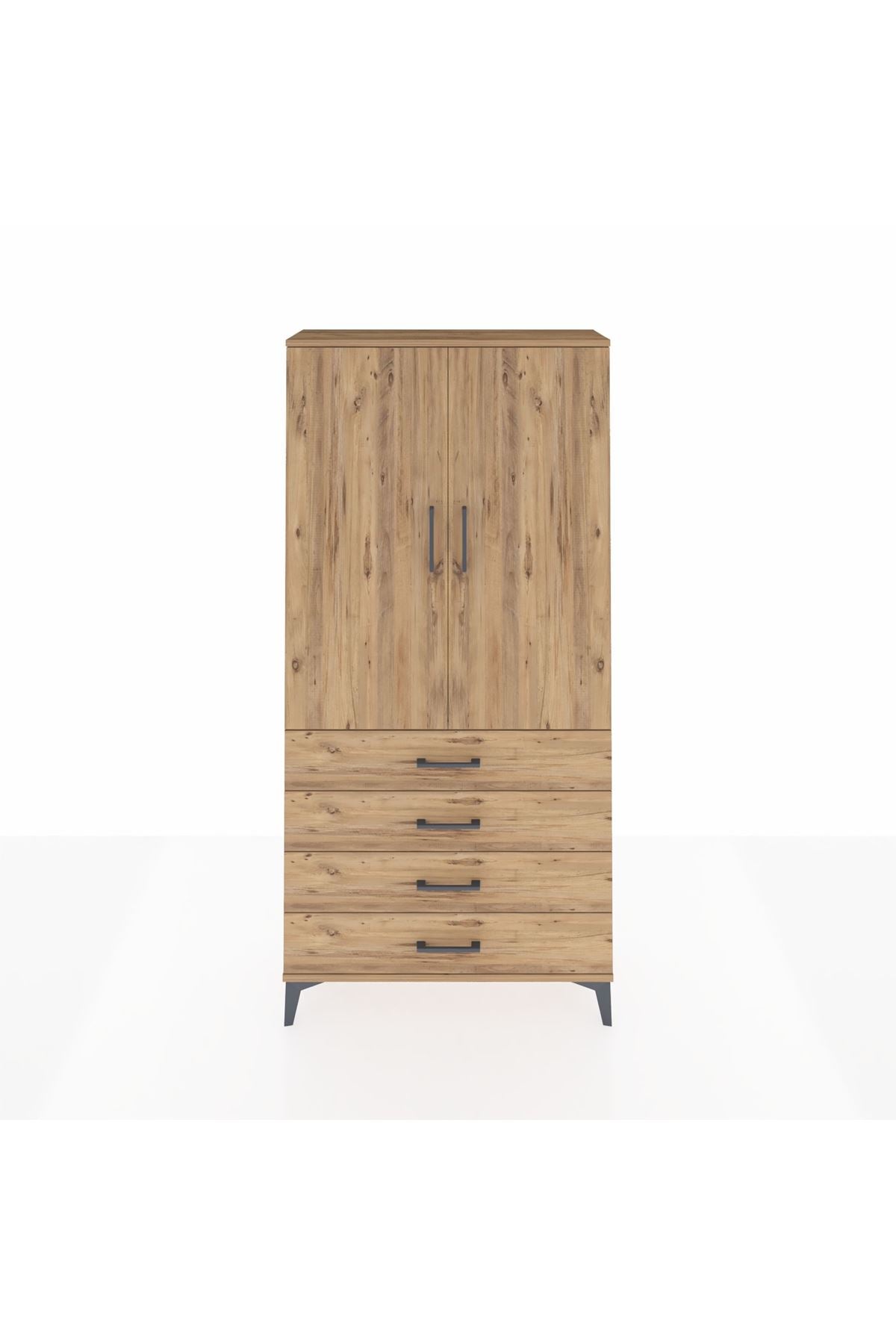 Arges Dolap Tek Raflı 4 Çekmeceli Tek Askılı 88x30x182 Çam-Çam