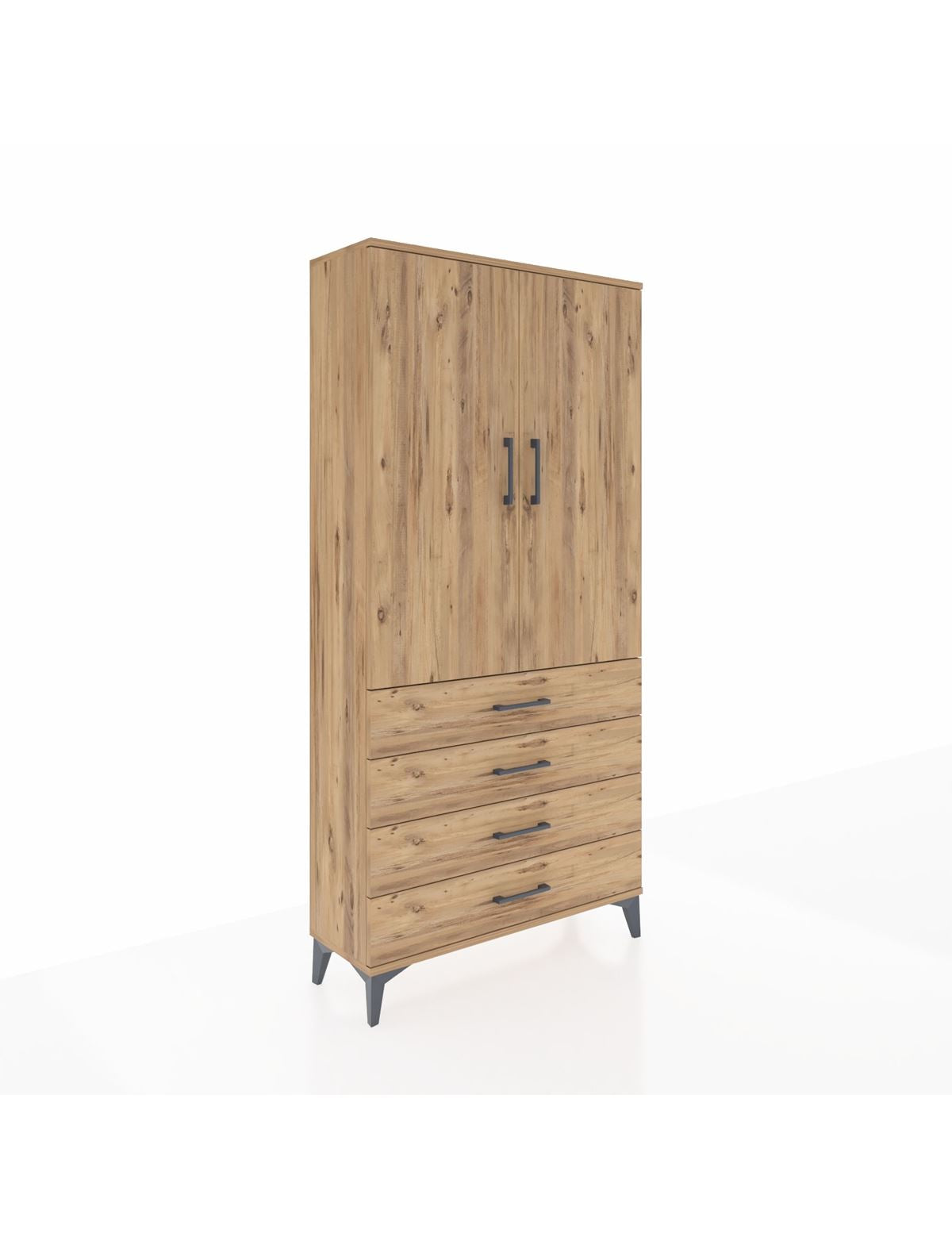 Arges Dolap Tek Raflı 4 Çekmeceli Tek Askılı 88x30x182 Çam-Çam