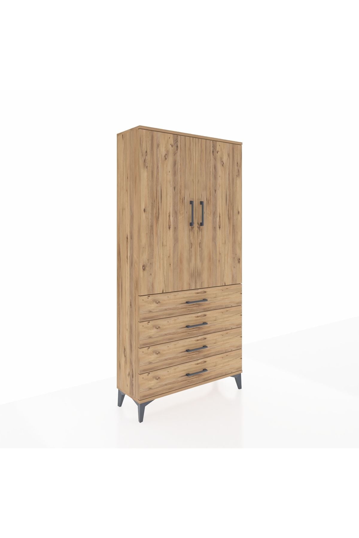 Arges Dolap Tek Raflı 4 Çekmeceli Tek Askılı 88x30x182 Çam-Çam