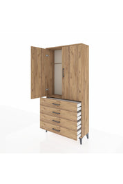 Arges Dolap Tek Raflı 4 Çekmeceli Tek Askılı 88x30x182 Çam-Çam