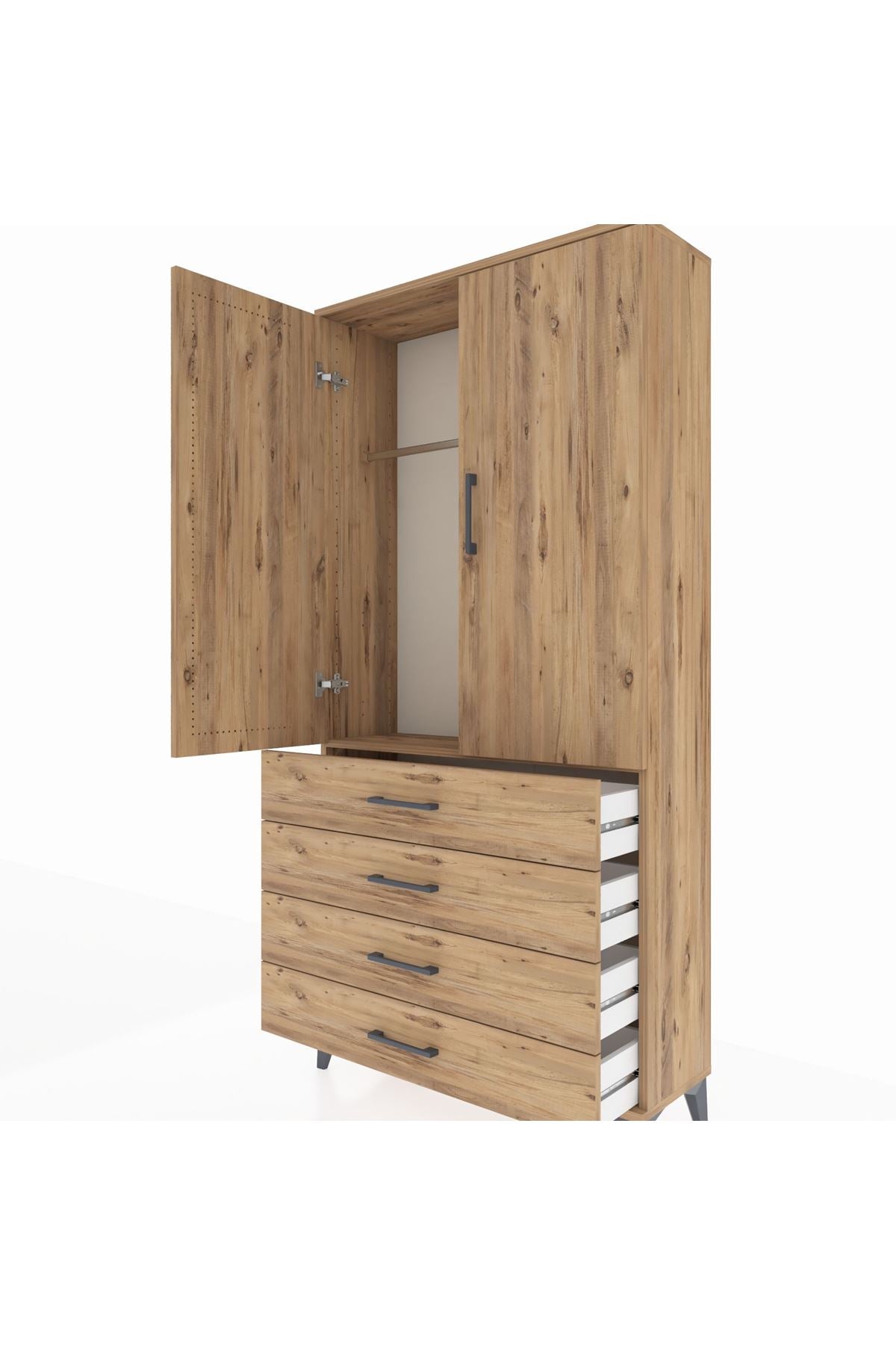 Arges Dolap Tek Raflı 4 Çekmeceli Tek Askılı 88x30x182 Çam-Çam