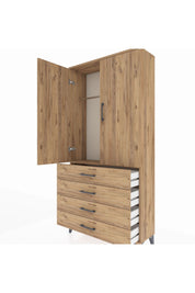 Arges Dolap Tek Raflı 4 Çekmeceli Tek Askılı 88x30x182 Çam-Çam