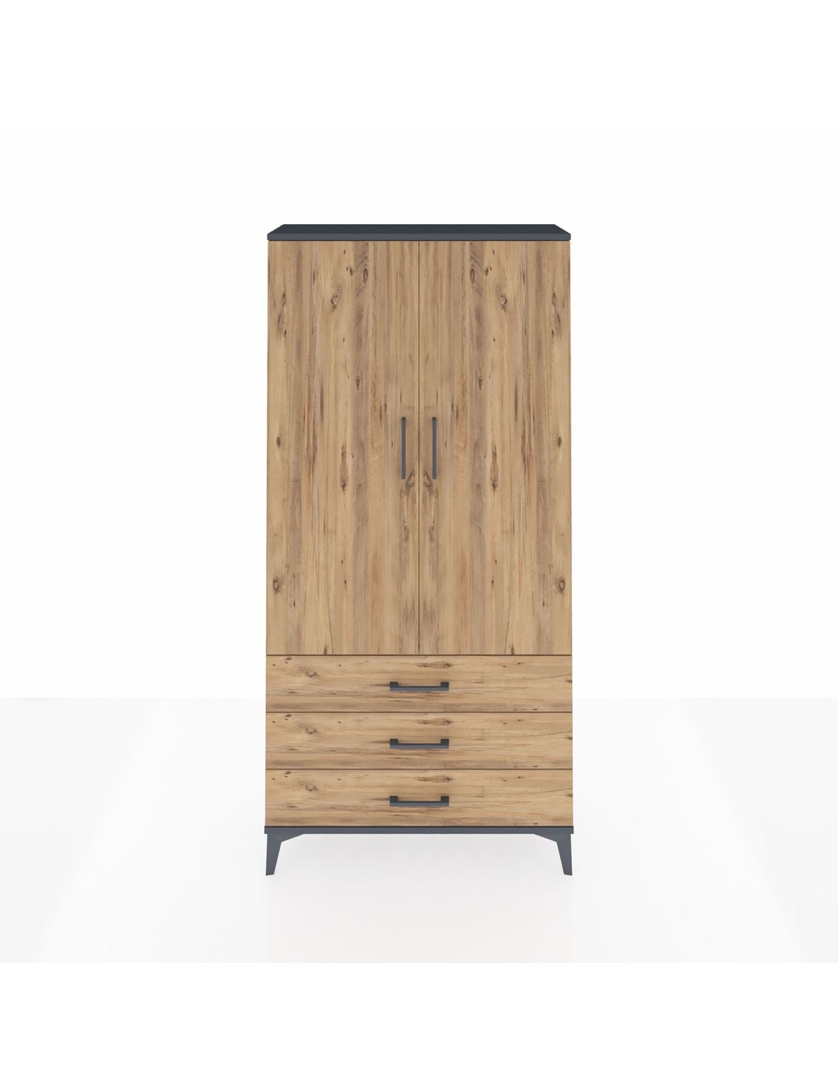 Arges Dolap Tek Raflı 3 Çekmeceli Tek Askılı 88x30x182 Antrasit-Çam