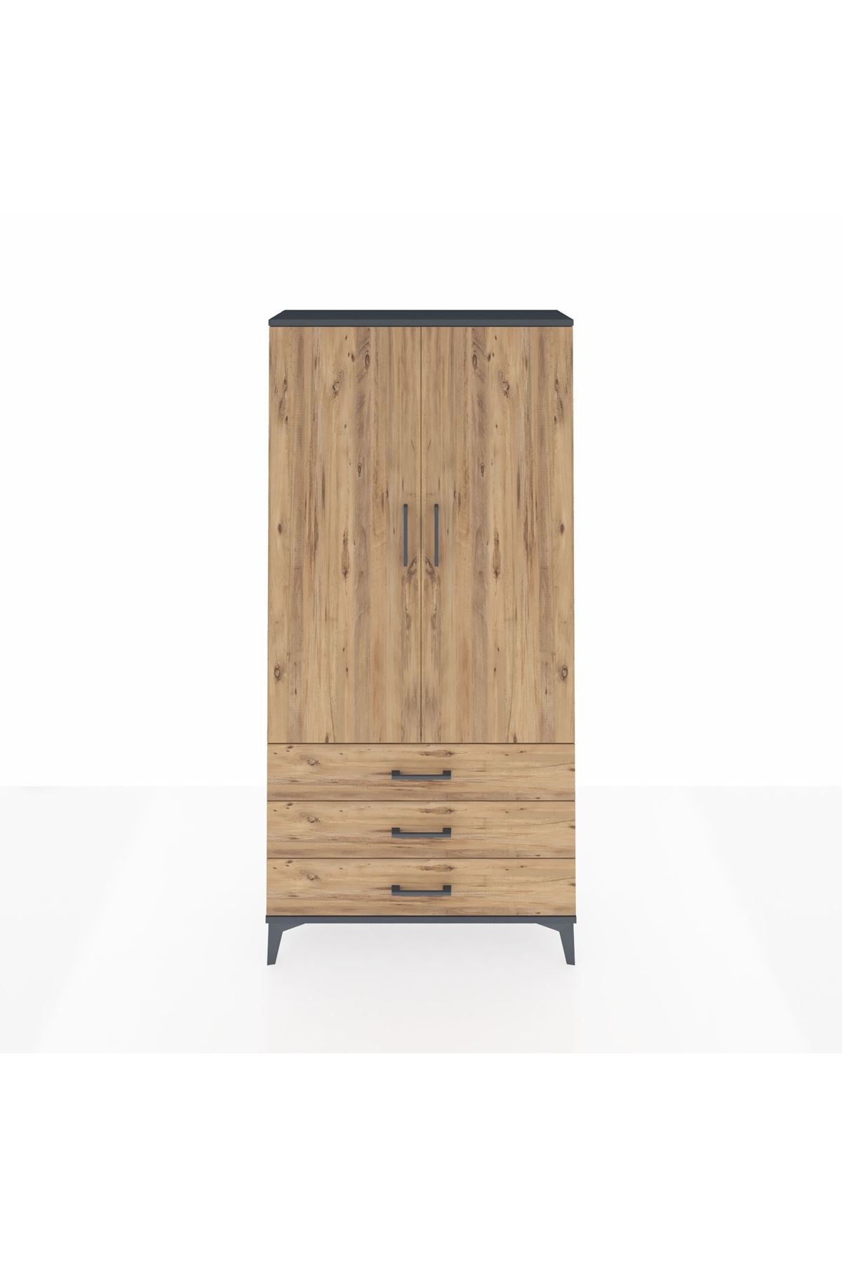 Arges Dolap Tek Raflı 3 Çekmeceli Tek Askılı 88x30x182 Antrasit-Çam