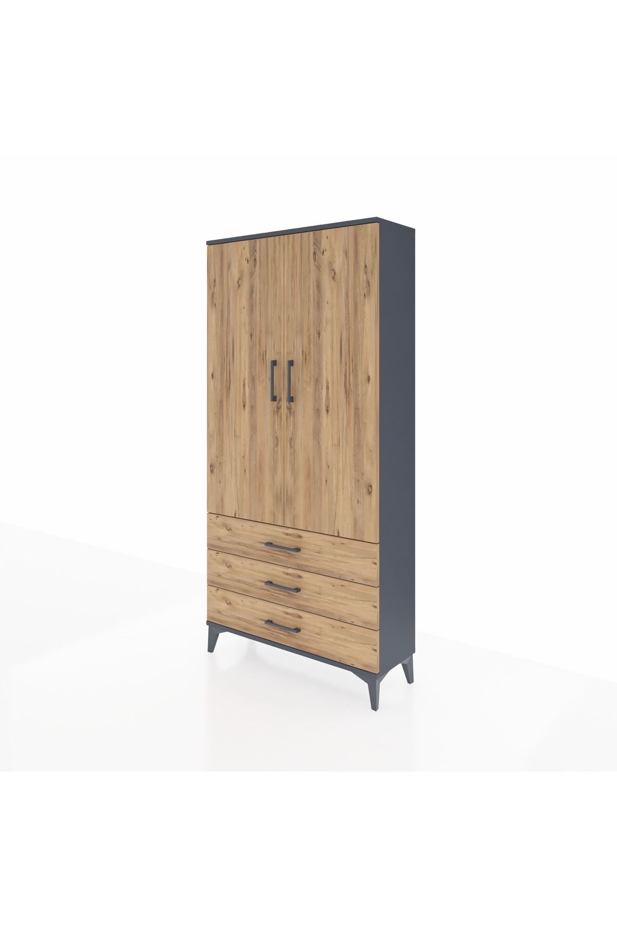 Arges Dolap Tek Raflı 3 Çekmeceli Tek Askılı 88x30x182 Antrasit-Çam