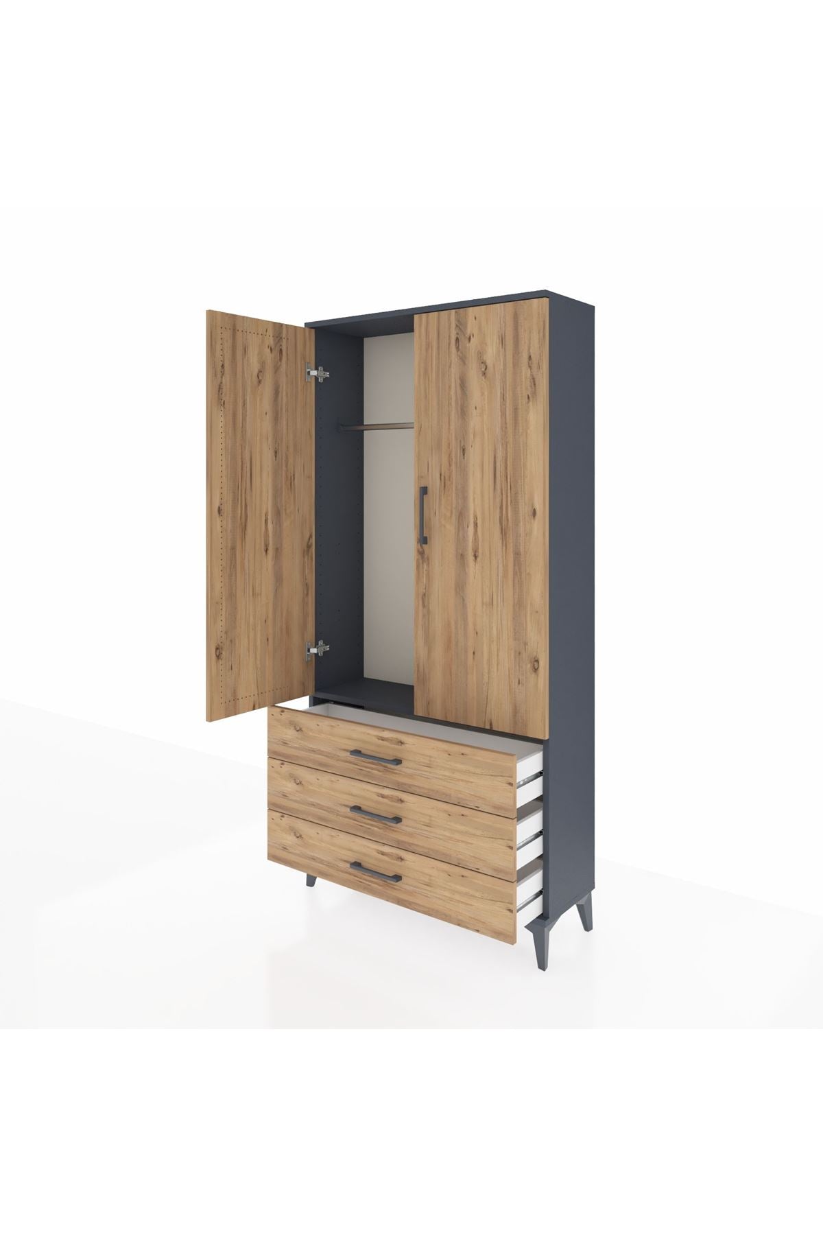 Arges Dolap Tek Raflı 3 Çekmeceli Tek Askılı 88x30x182 Antrasit-Çam