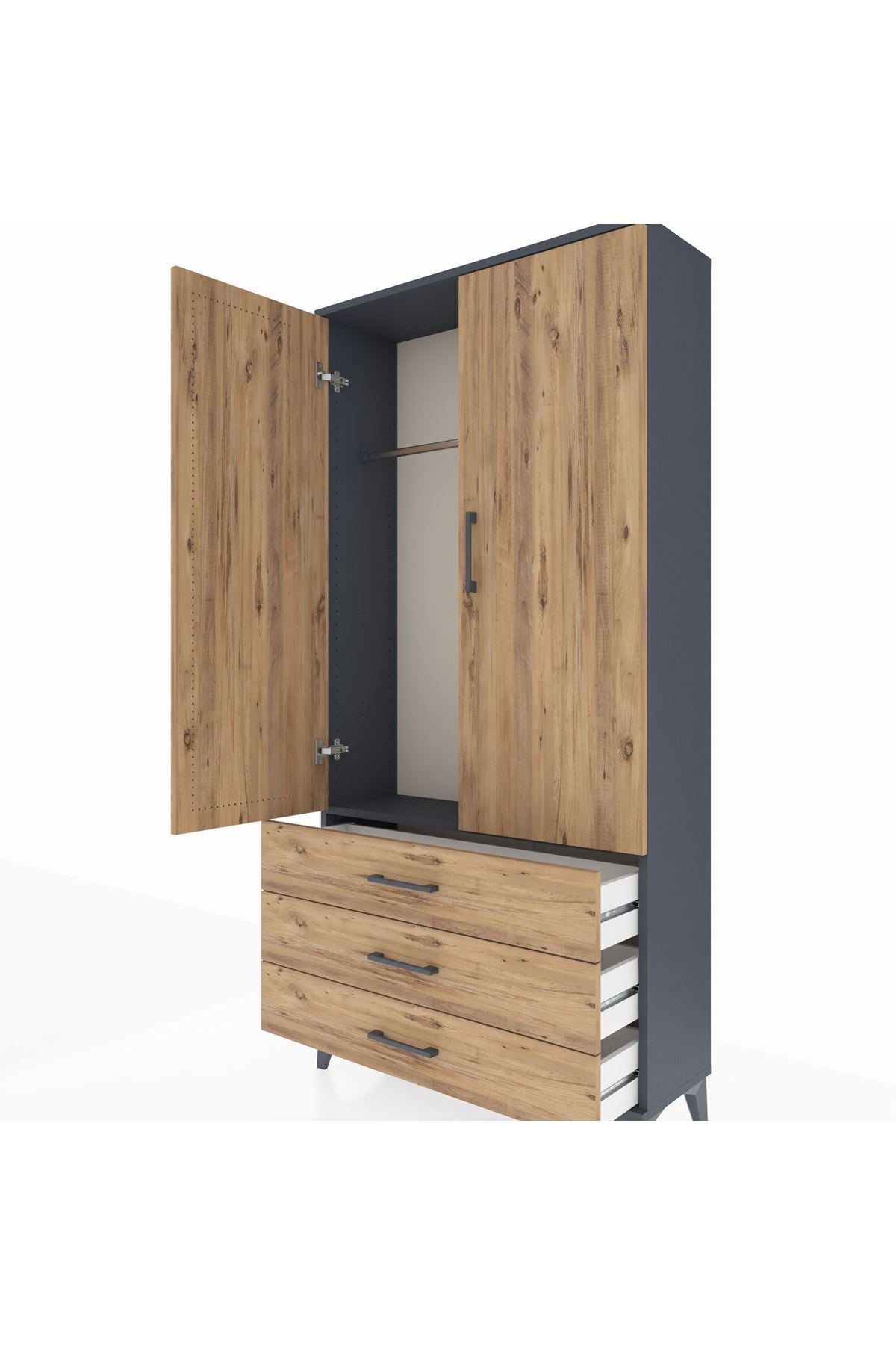 Arges Dolap Tek Raflı 3 Çekmeceli Tek Askılı 88x30x182 Antrasit-Çam