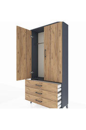 Arges Dolap Tek Raflı 3 Çekmeceli Tek Askılı 88x30x182 Antrasit-Çam