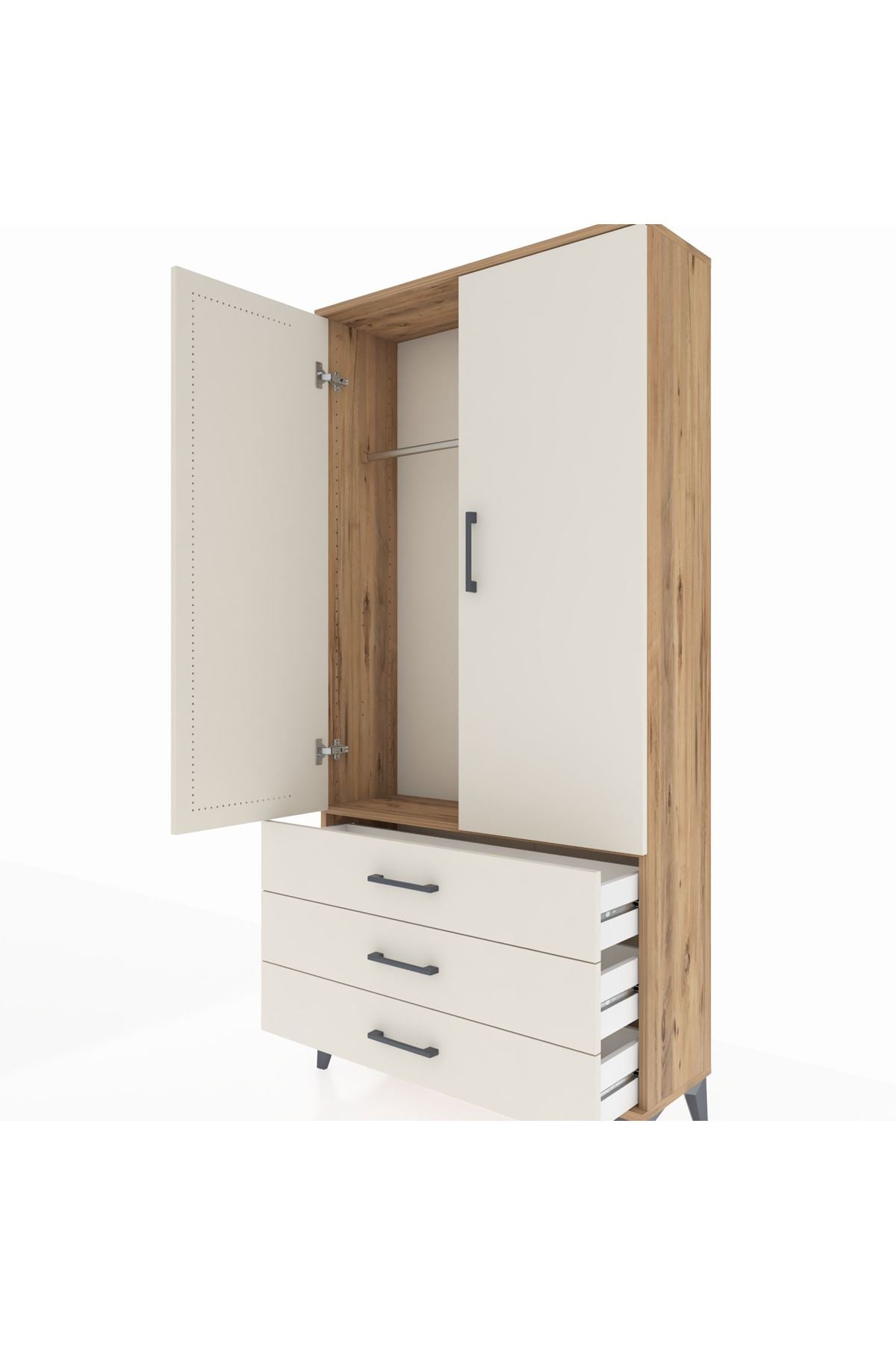 Arges Dolap Tek Raflı 3 Çekmeceli Tek Askılı 88x30x182 Çam-Aytaşı