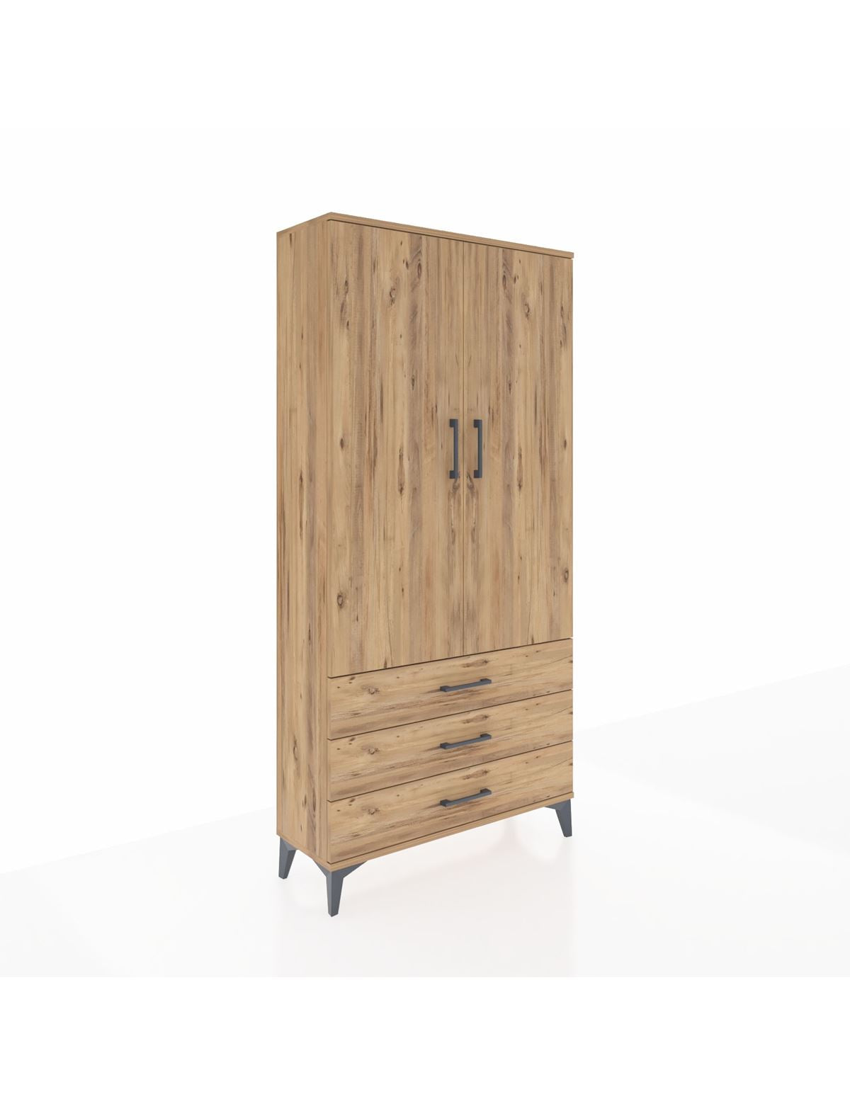 Arges Dolap Tek Raflı 3 Çekmeceli Tek Askılı 88x30x182 Çam-Çam