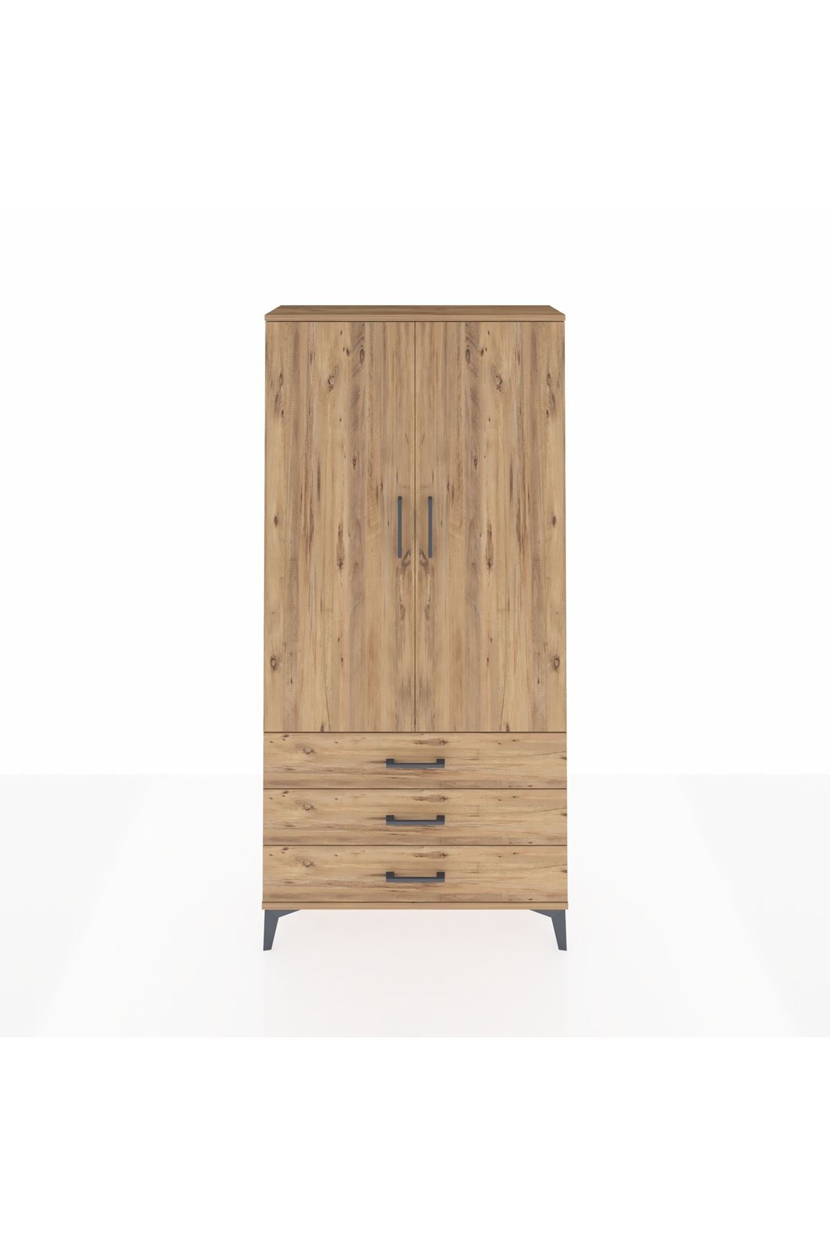 Arges Dolap Tek Raflı 3 Çekmeceli Tek Askılı 88x30x182 Çam-Çam