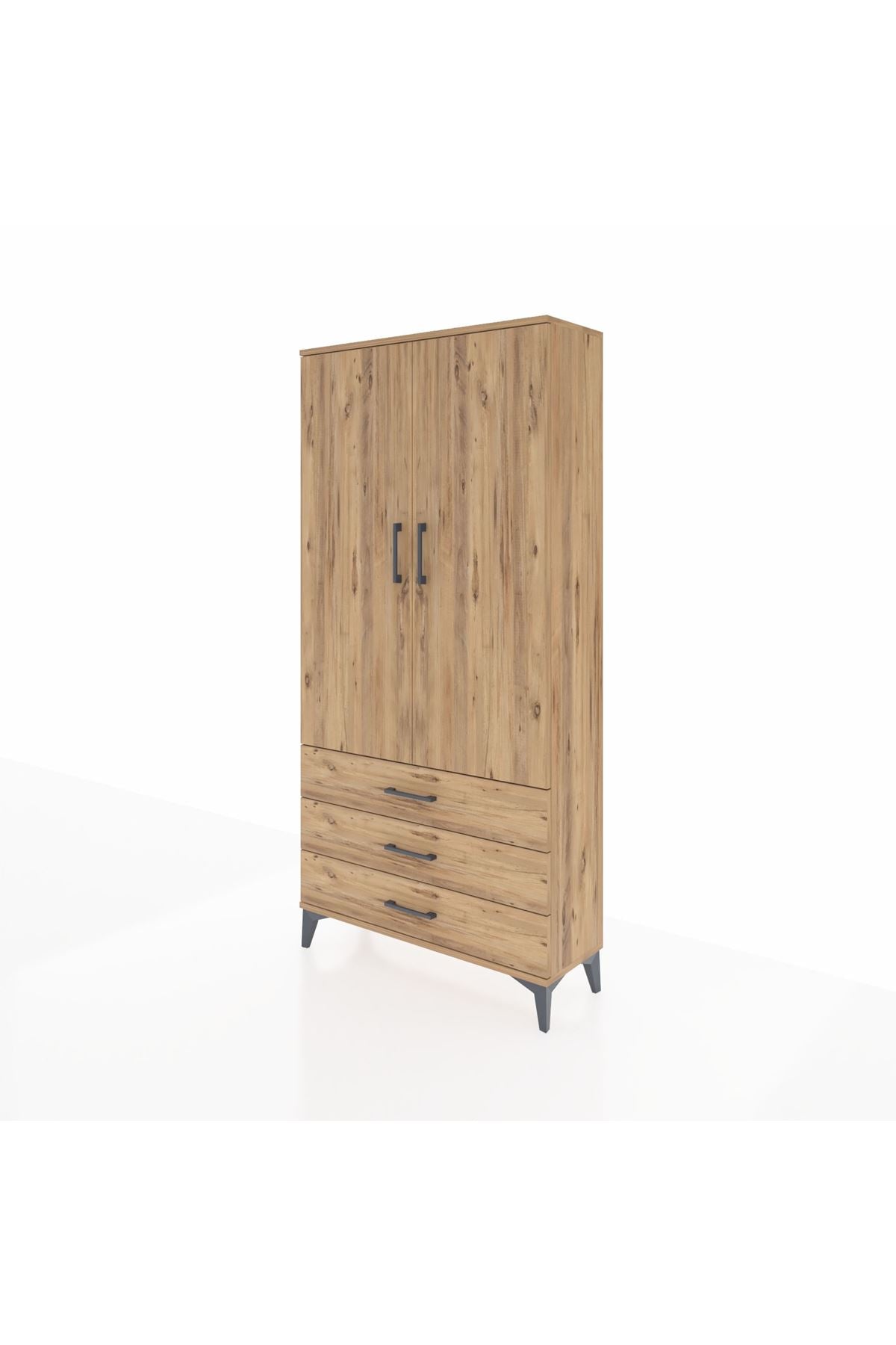 Arges Dolap Tek Raflı 3 Çekmeceli Tek Askılı 88x30x182 Çam-Çam