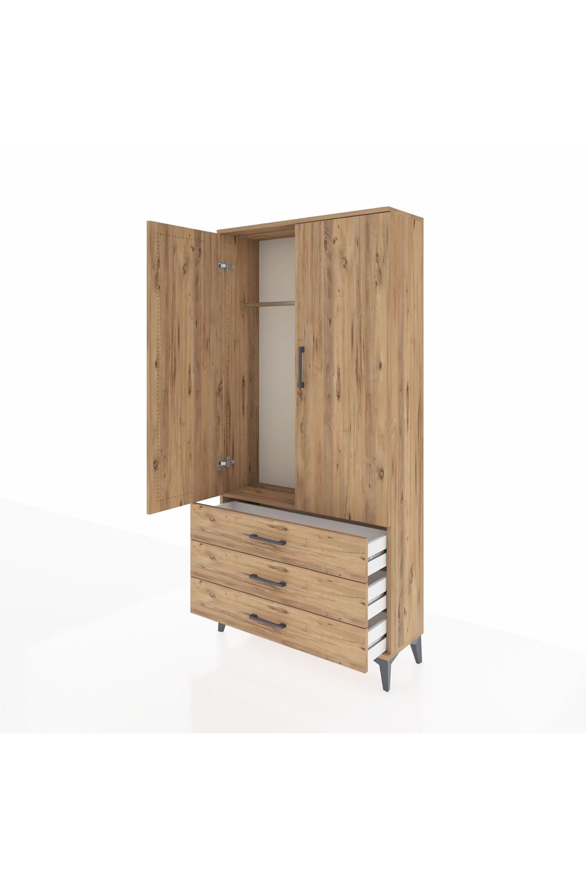 Arges Dolap Tek Raflı 3 Çekmeceli Tek Askılı 88x30x182 Çam-Çam