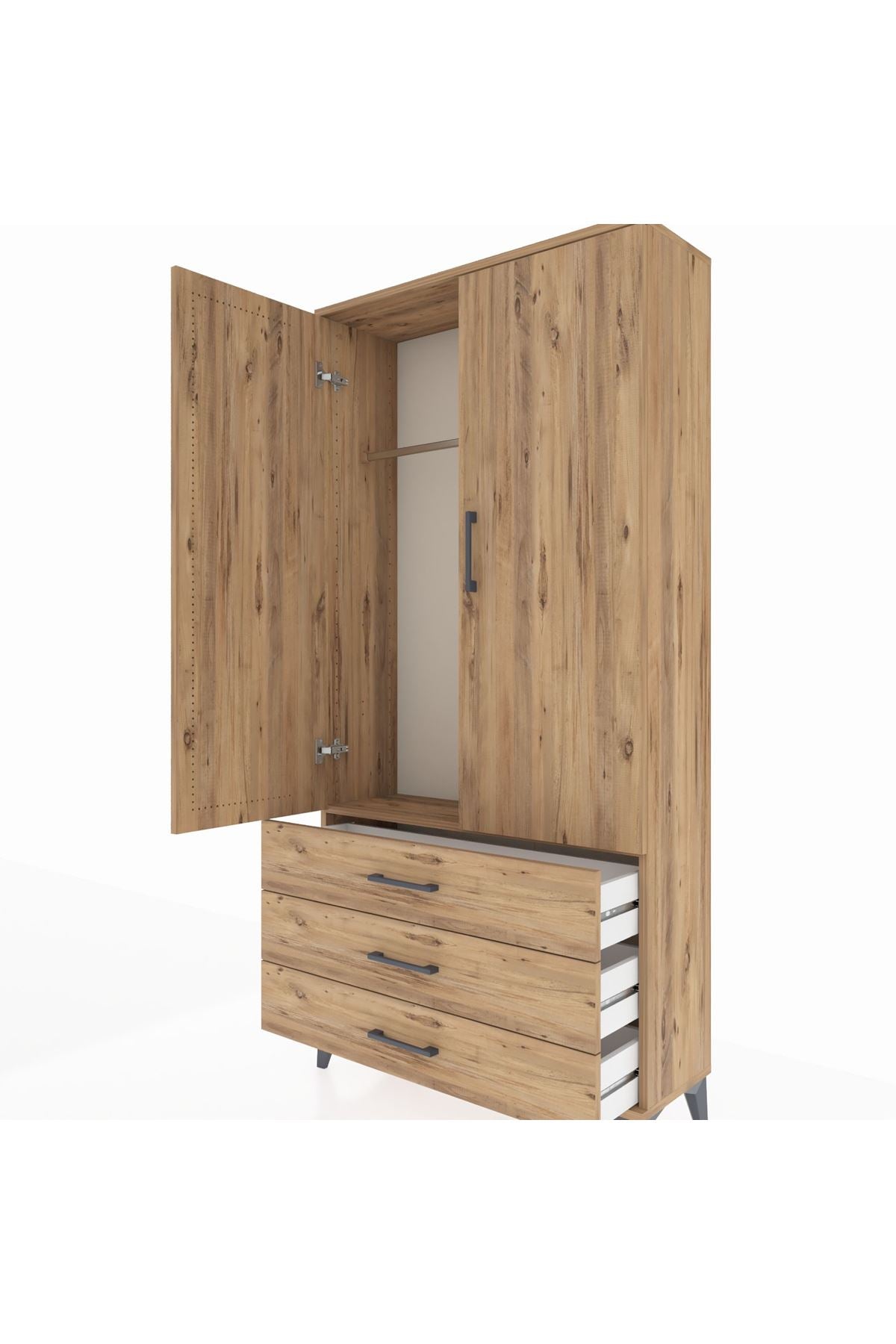 Arges Dolap Tek Raflı 3 Çekmeceli Tek Askılı 88x30x182 Çam-Çam