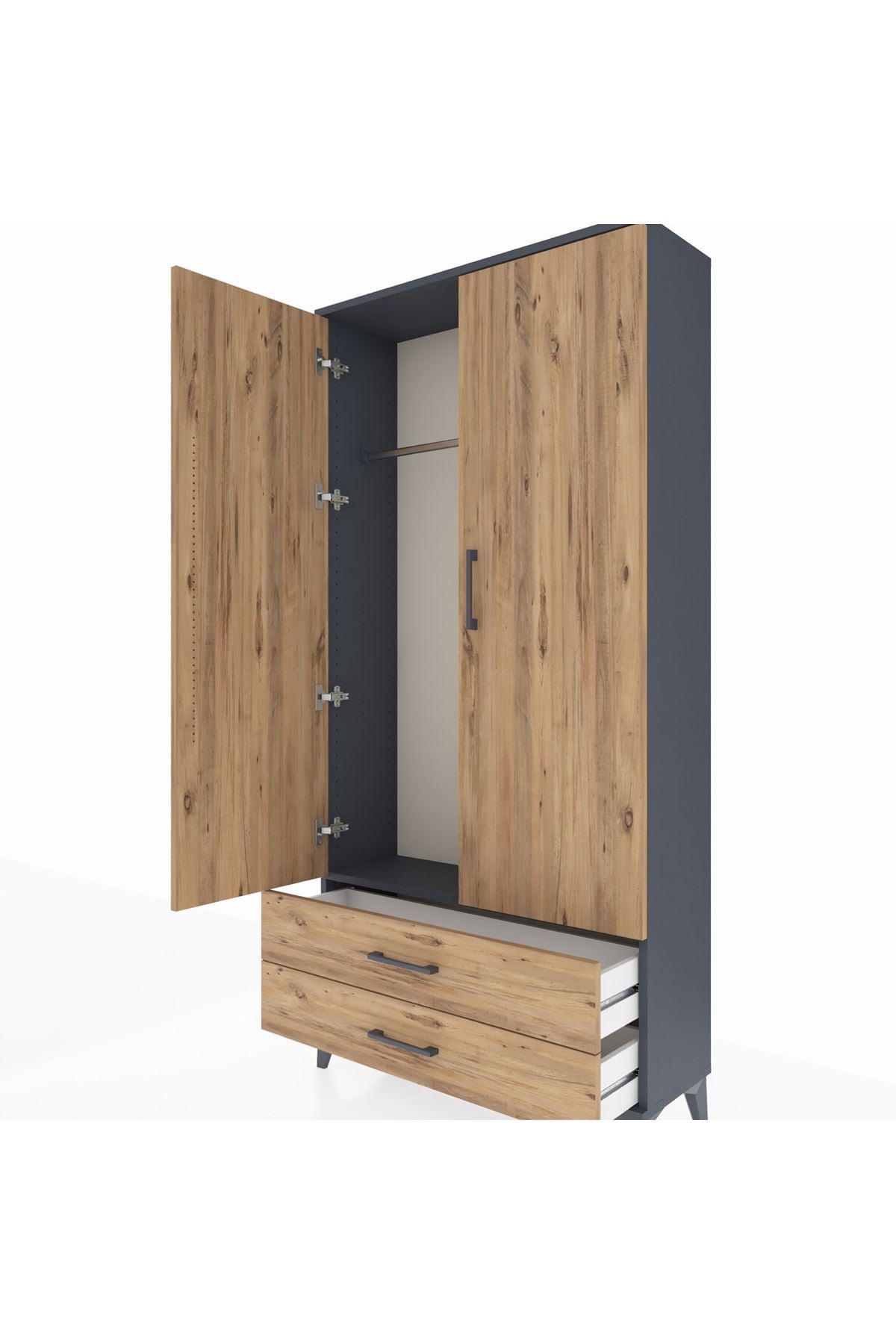 Arges Dolap Tek Raflı 2 Çekmeceli Tek Askılı 88x30x182 Antrasit-Çam