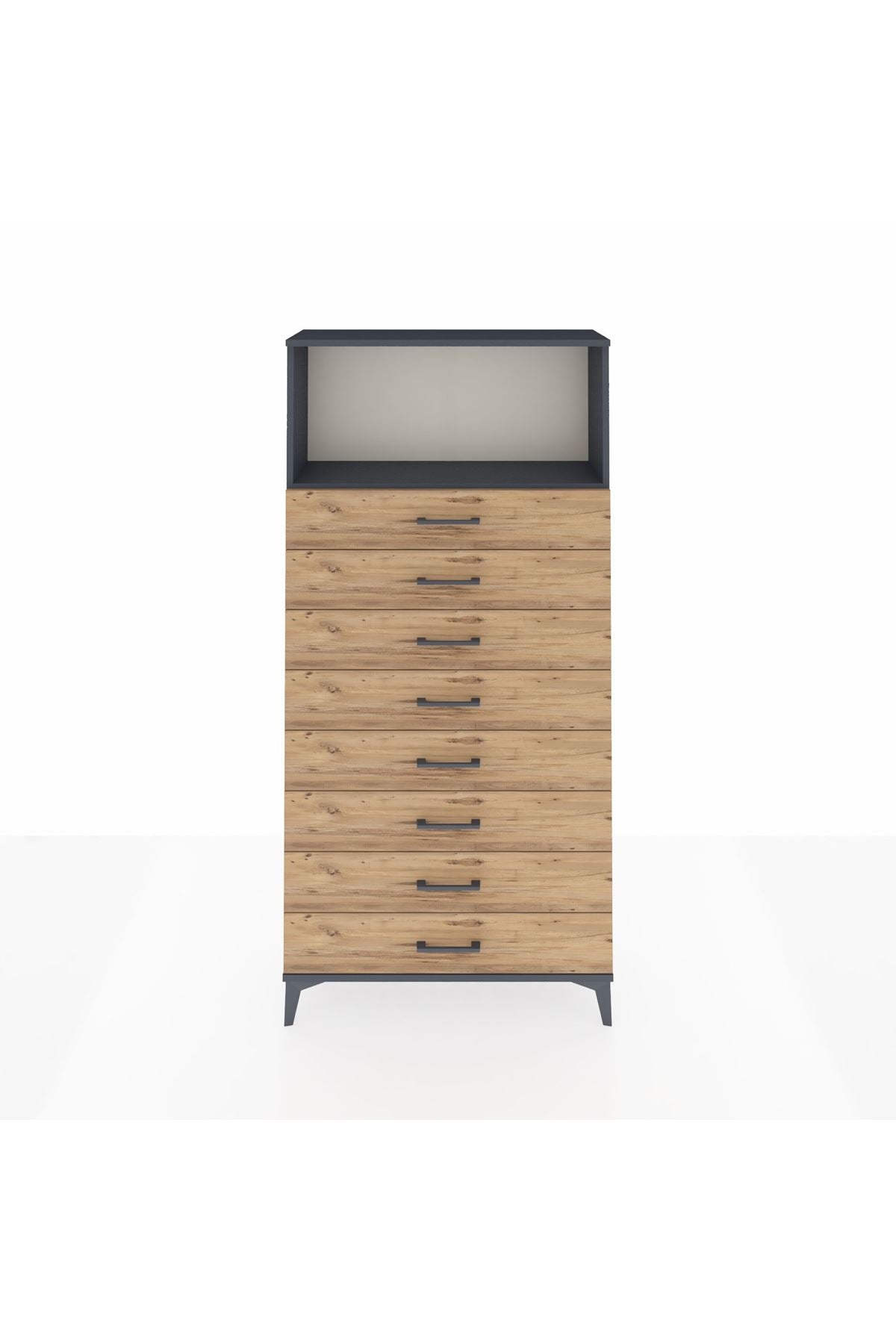 Arges Dolap Tek Raflı 8 Çekmeceli 88x30x182 Antrasit-Çam