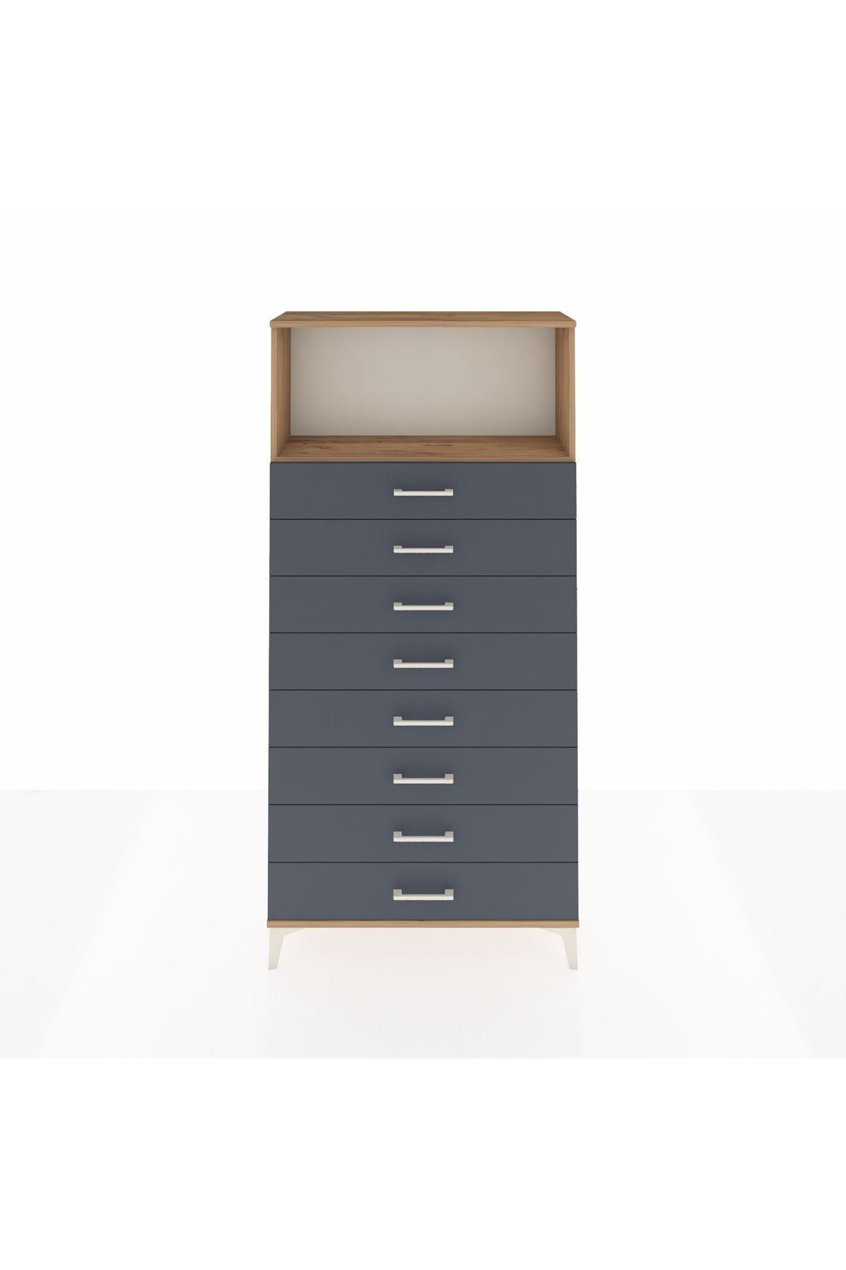 Arges Dolap Tek Raflı 8 Çekmeceli 88x30x182 Çam-Antrasit