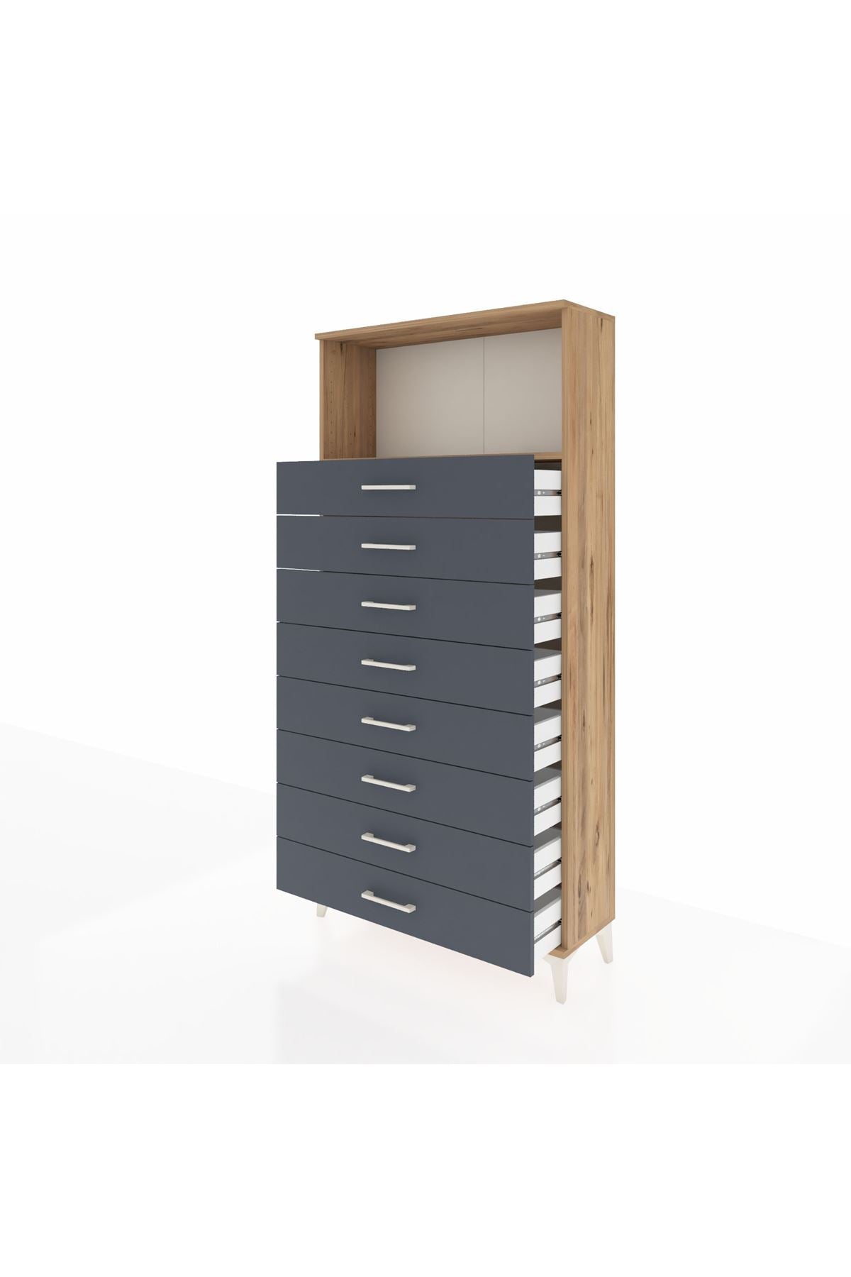 Arges Dolap Tek Raflı 8 Çekmeceli 88x30x182 Çam-Antrasit