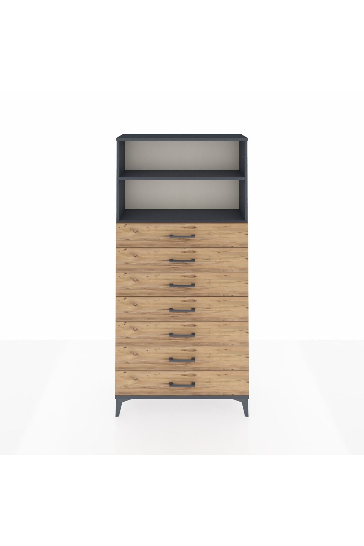 Arges Dolap 2 Raflı 7 Çekmeceli 88x30x182 Antrasit-Çam