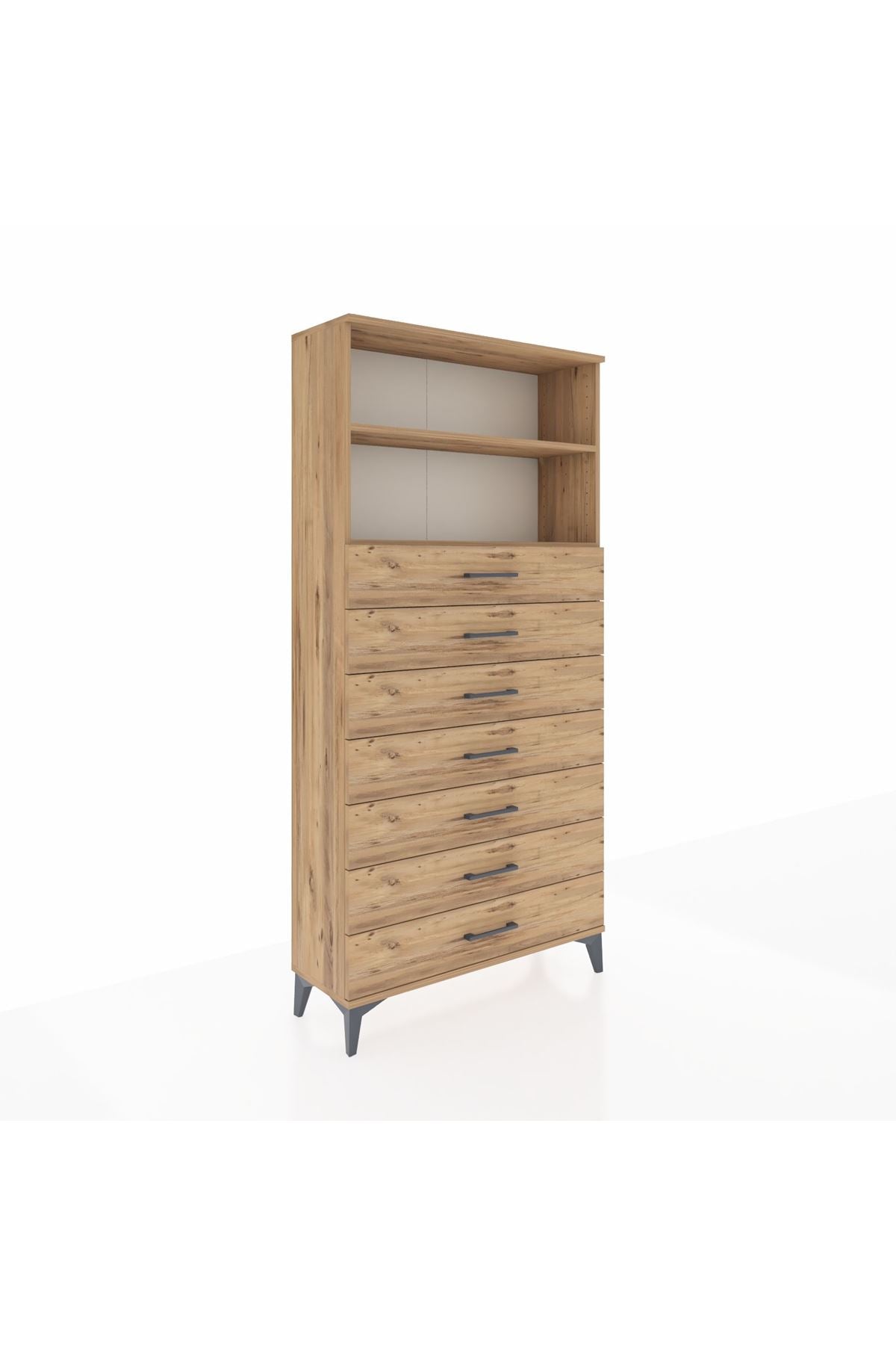 Arges Dolap 2 Raflı 7 Çekmeceli 88x30x182 Çam-Çam