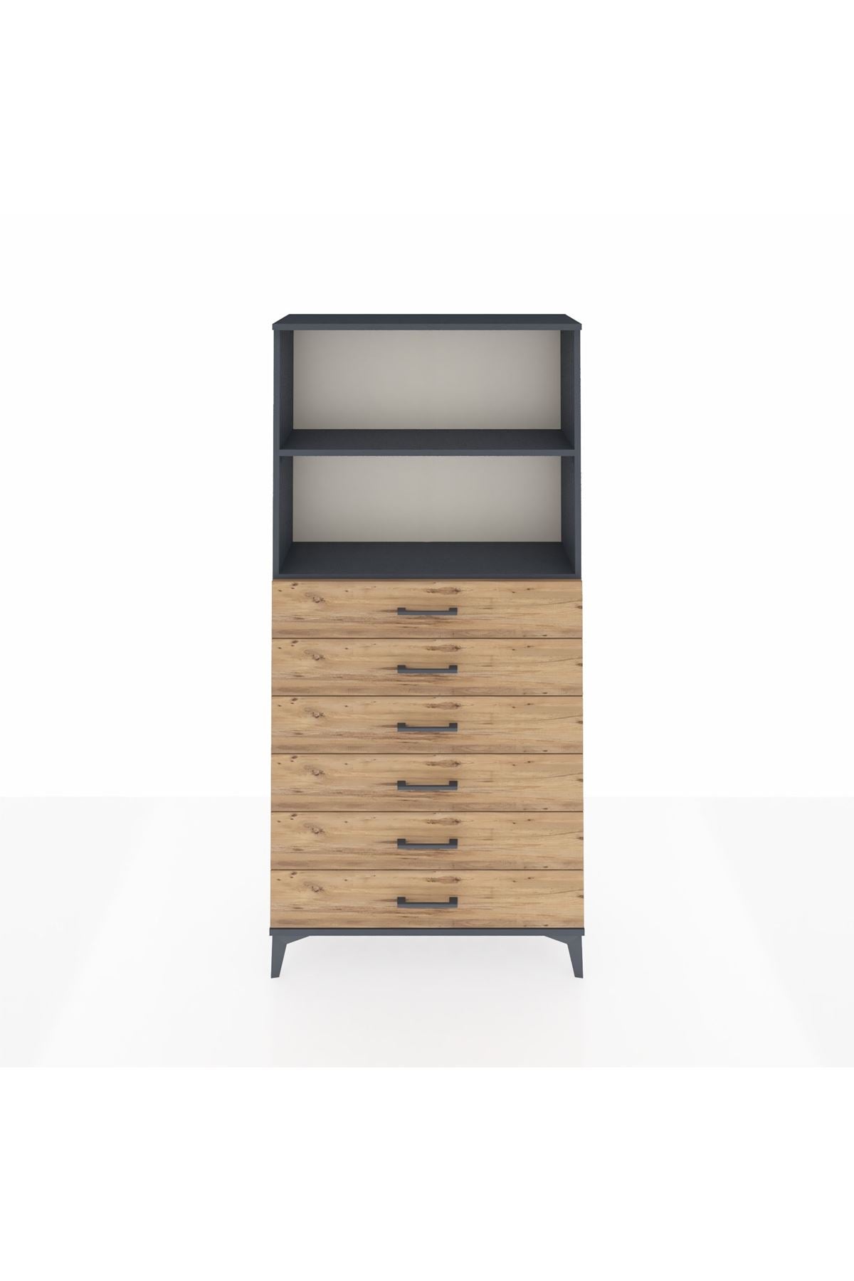 Arges Dolap 2 Raflı 6 Çekmeceli 88x30x182 Antrasit-Çam