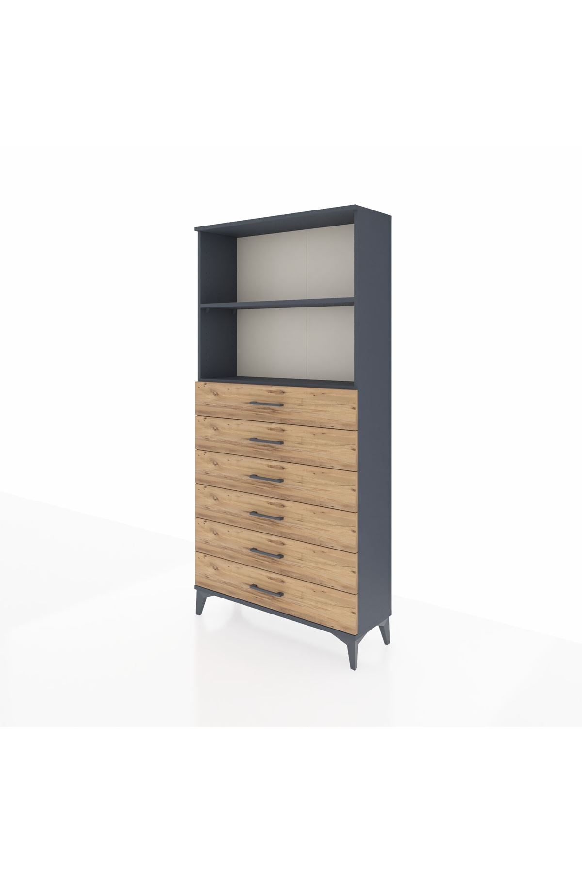 Arges Dolap 2 Raflı 6 Çekmeceli 88x30x182 Antrasit-Çam