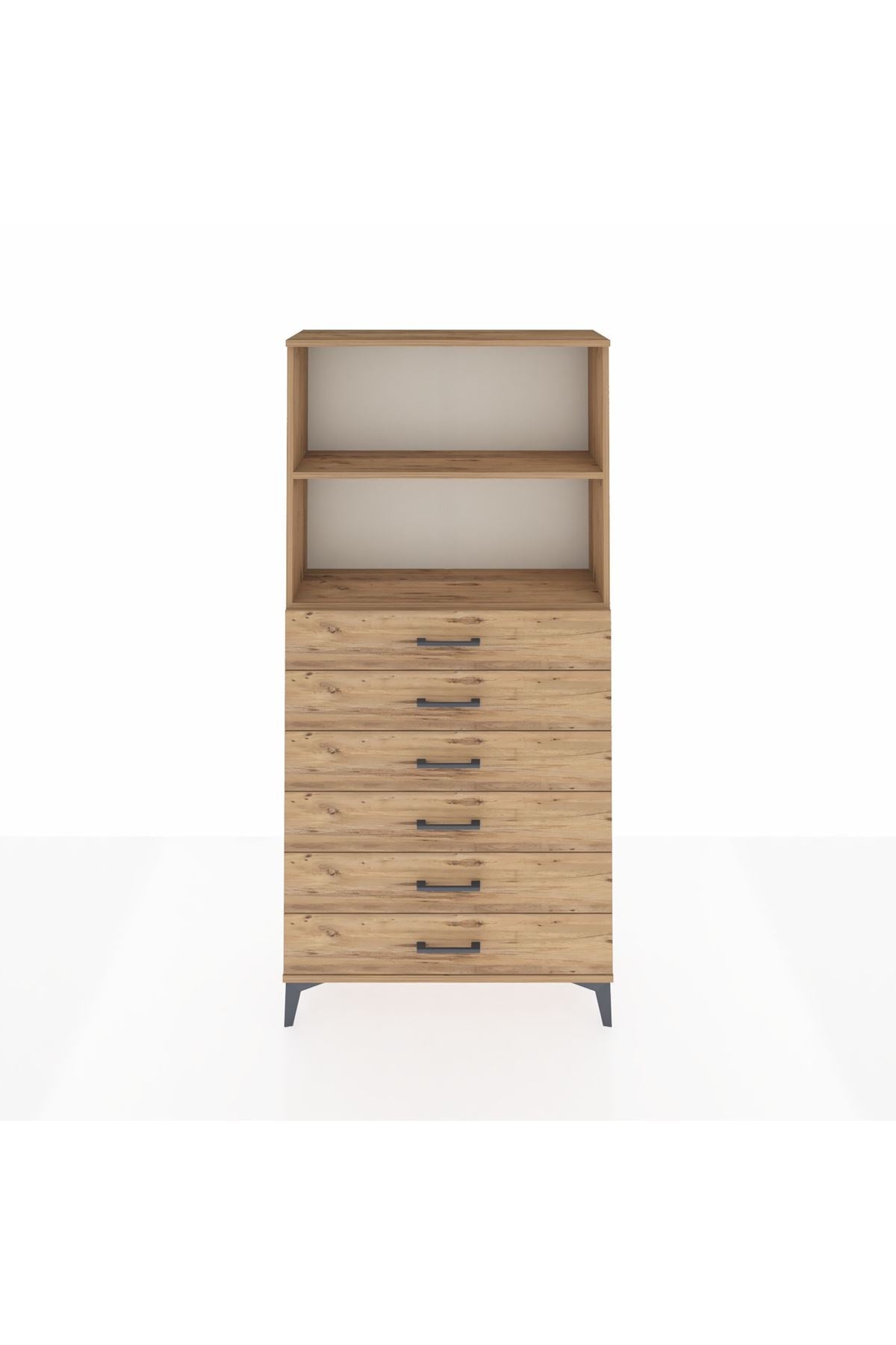 Arges Dolap 2 Raflı 6 Çekmeceli 88x30x182 Çam-Çam