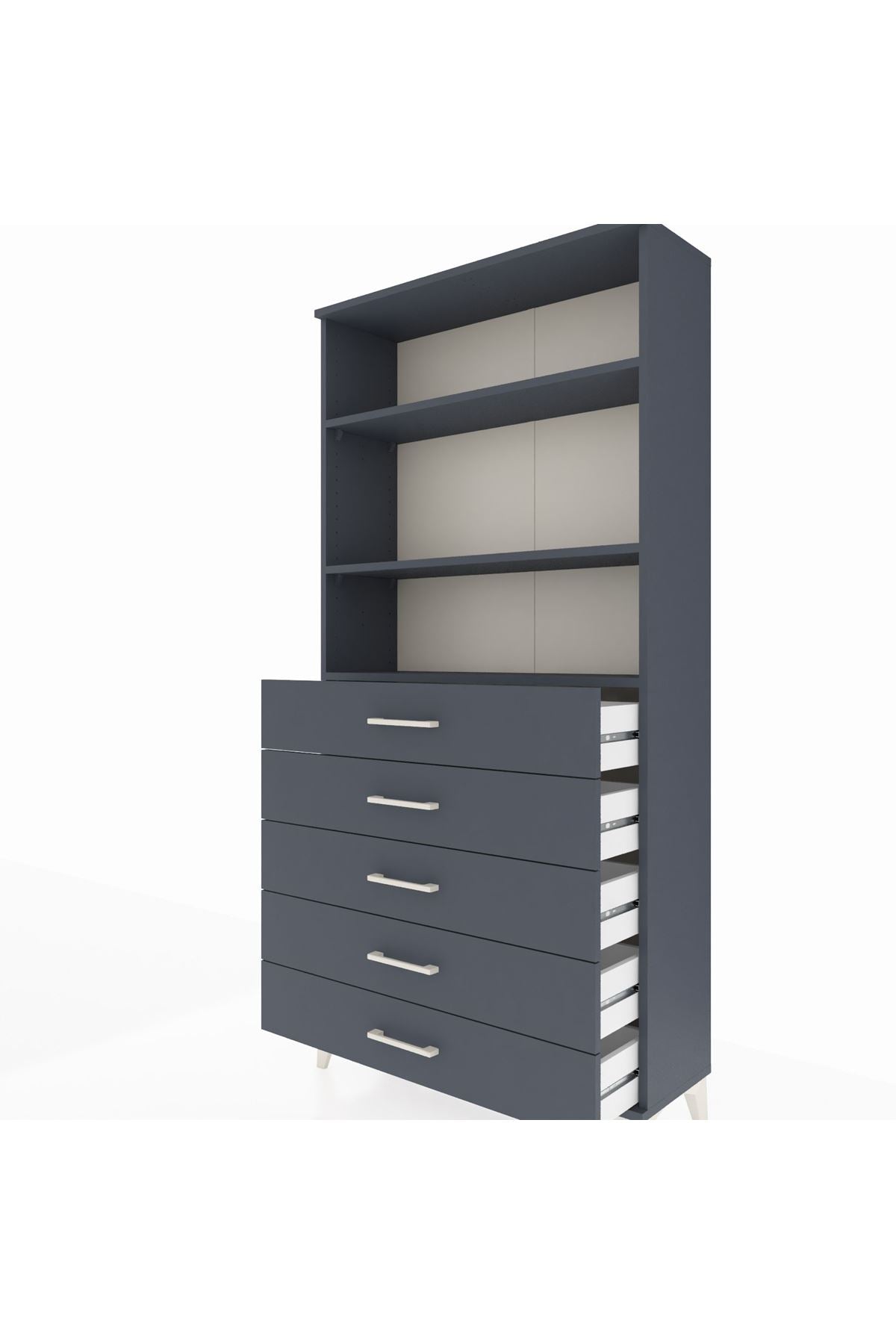 Arges Dolap 3 Raflı 5 Çekmeceli 88x30x182 Antrasit-Antrasit