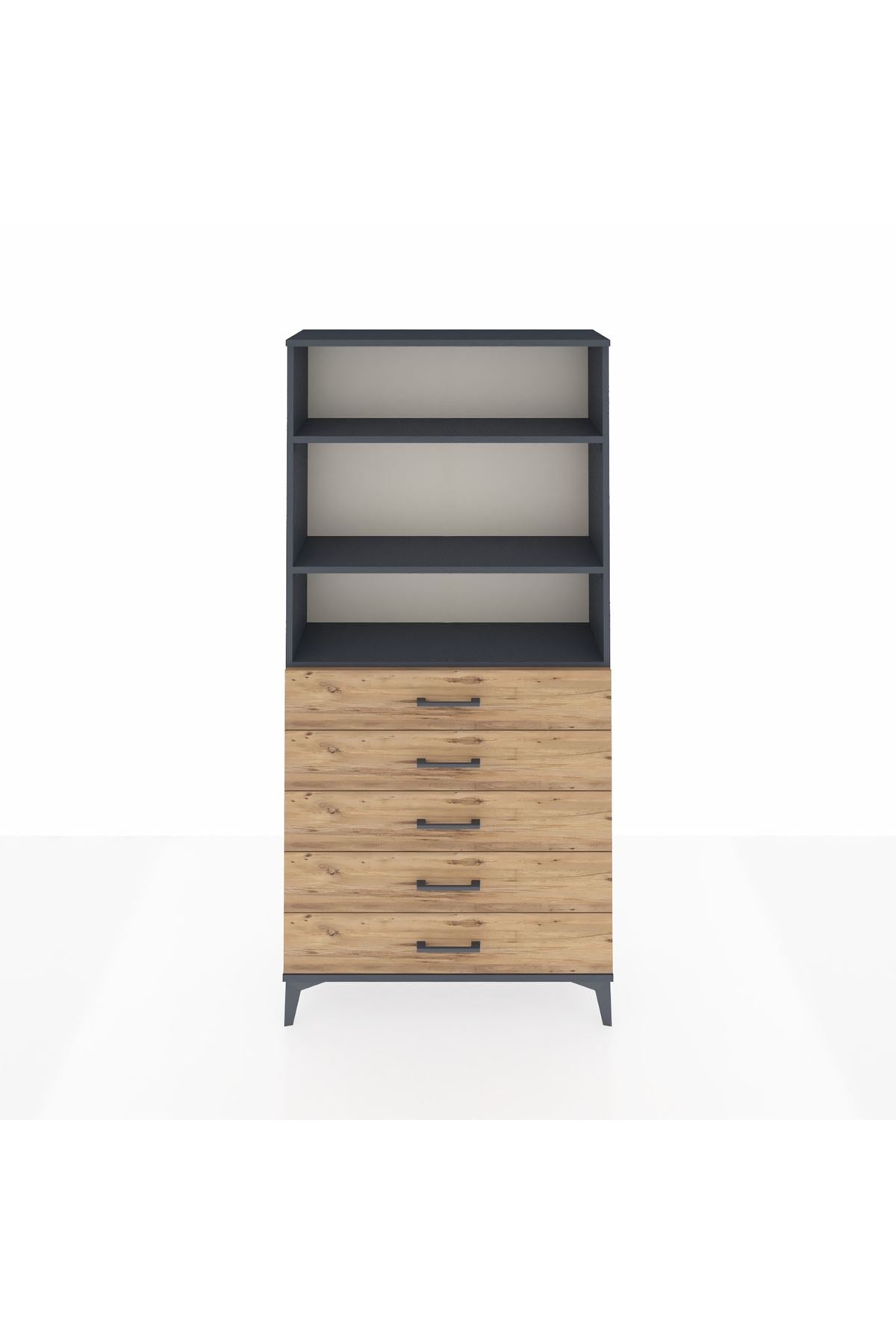 Arges Dolap 3 Raflı 5 Çekmeceli 88x30x182 Antrasit-Çam