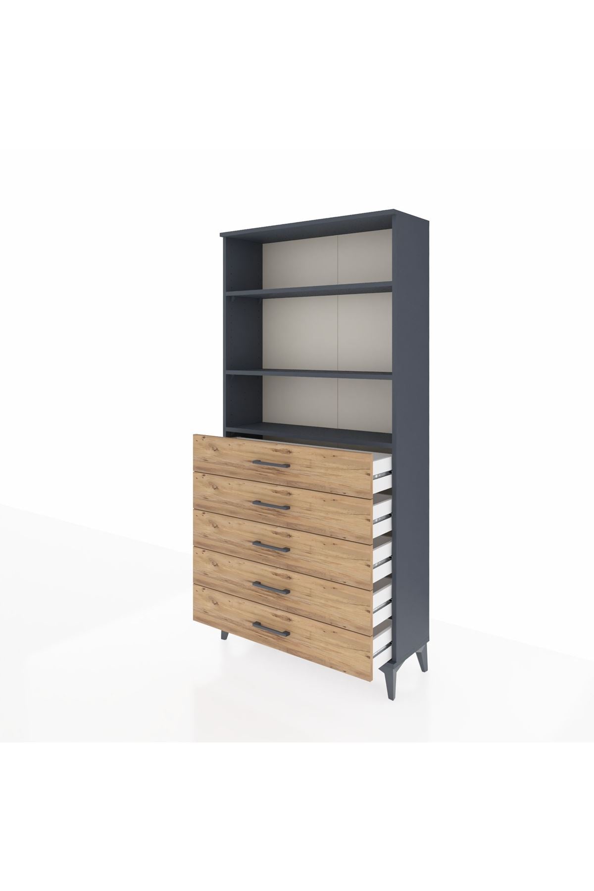 Arges Dolap 3 Raflı 5 Çekmeceli 88x30x182 Antrasit-Çam