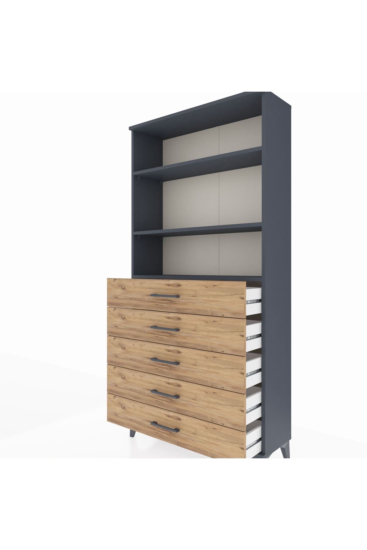 Arges Dolap 3 Raflı 5 Çekmeceli 88x30x182 Antrasit-Çam