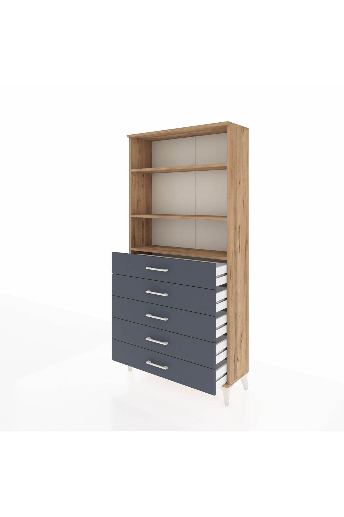 Arges Dolap 3 Raflı 5 Çekmeceli 88x30x182 Çam-Antrasit