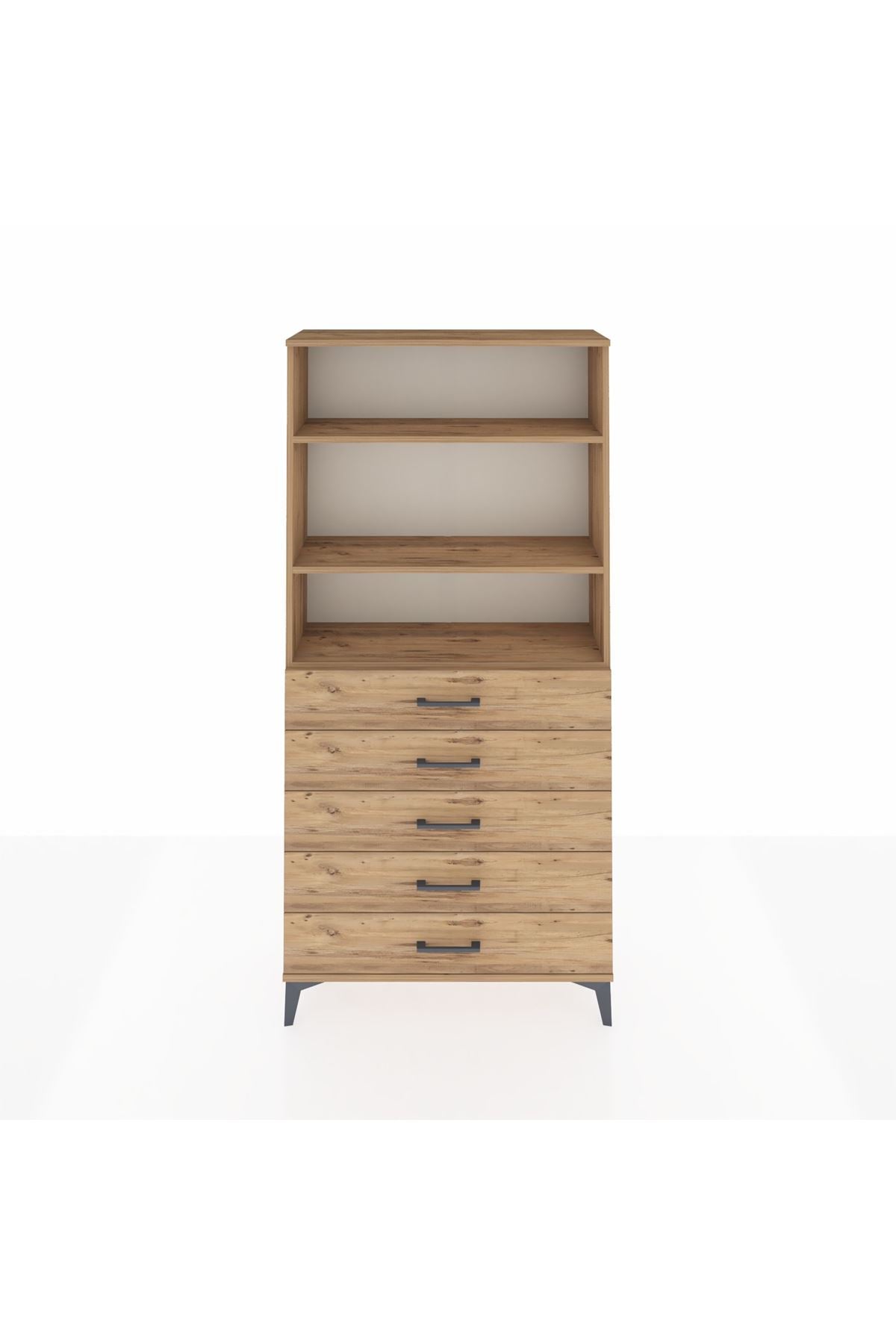 Arges Dolap 3 Raflı 5 Çekmeceli 88x30x182 Çam-Çam