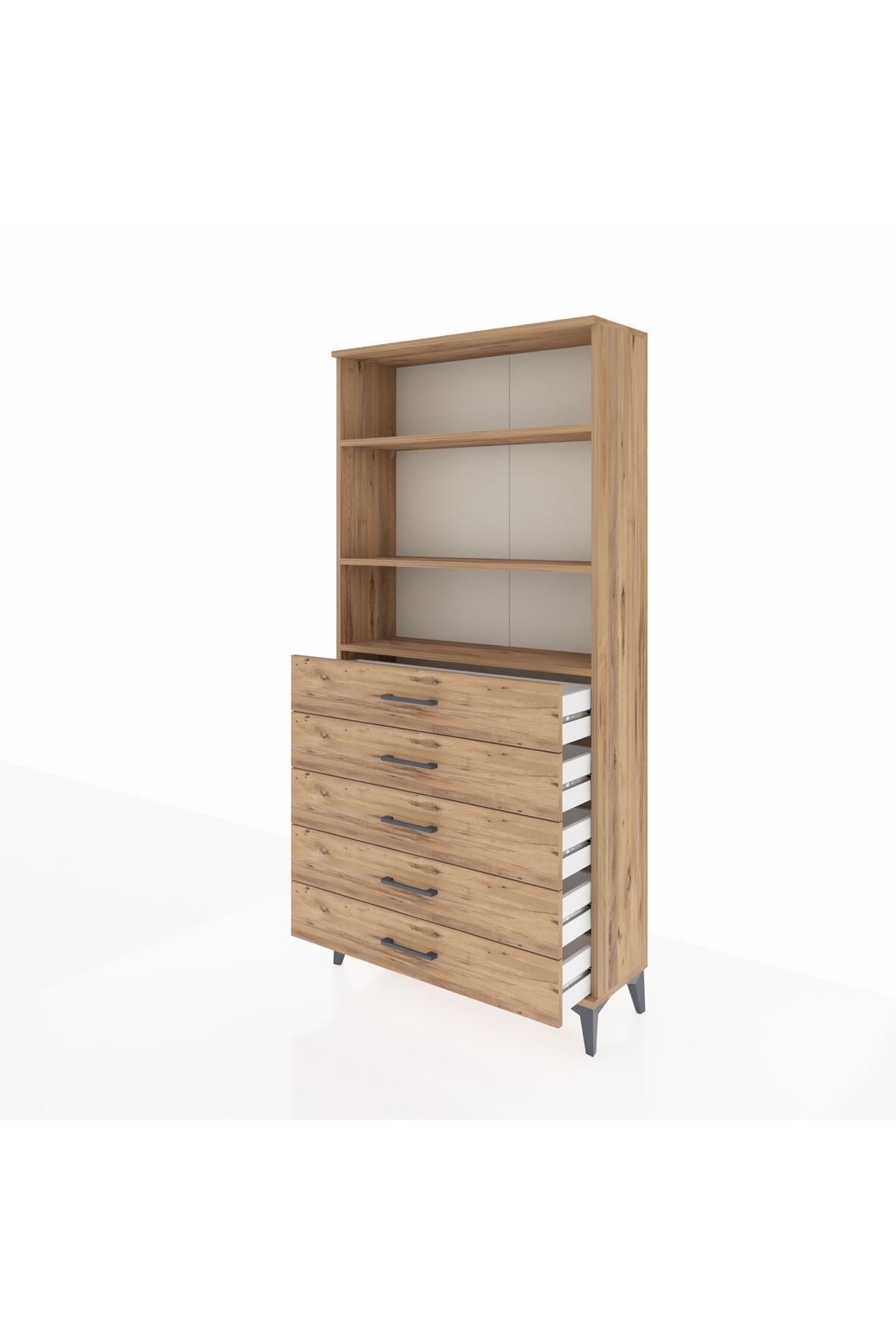 Arges Dolap 3 Raflı 5 Çekmeceli 88x30x182 Çam-Çam