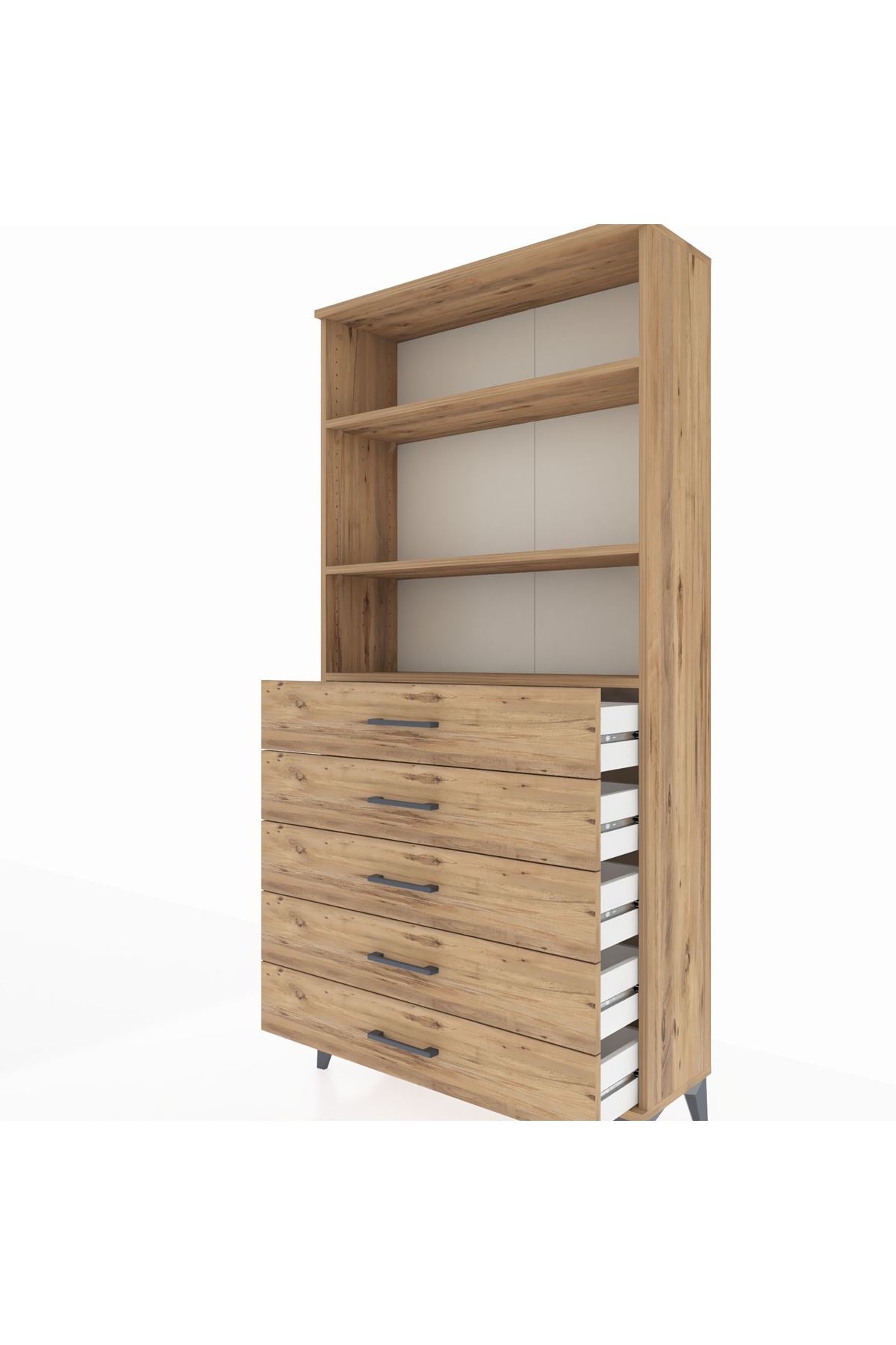 Arges Dolap 3 Raflı 5 Çekmeceli 88x30x182 Çam-Çam