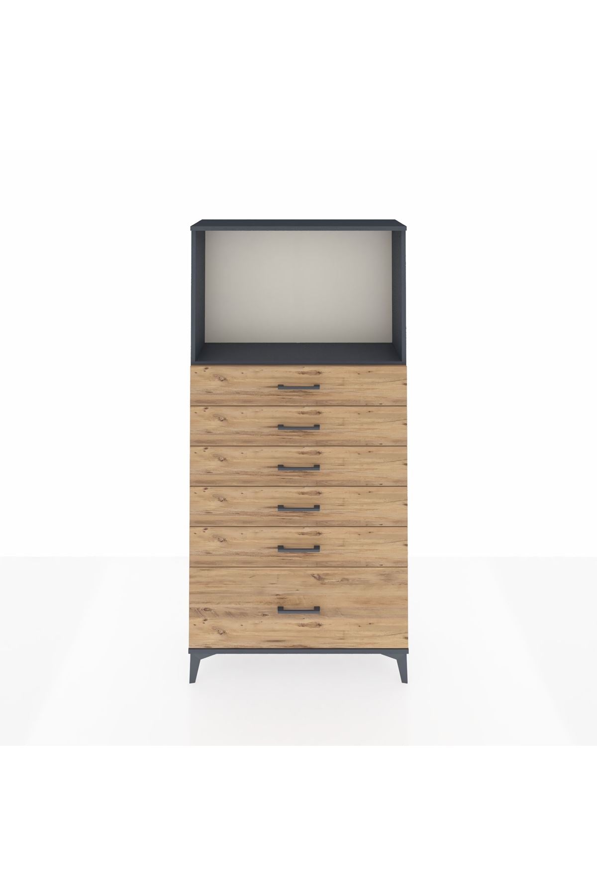 Arges Dolap Tek Raflı 6 Çekmeceli 88x30x182 Antrasit-Çam