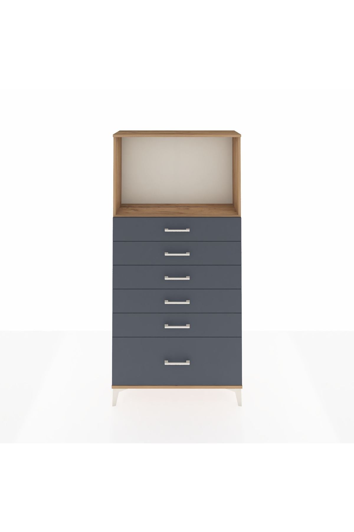 Arges Dolap Tek Raflı 6 Çekmeceli 88x30x182 Çam-Antrasit