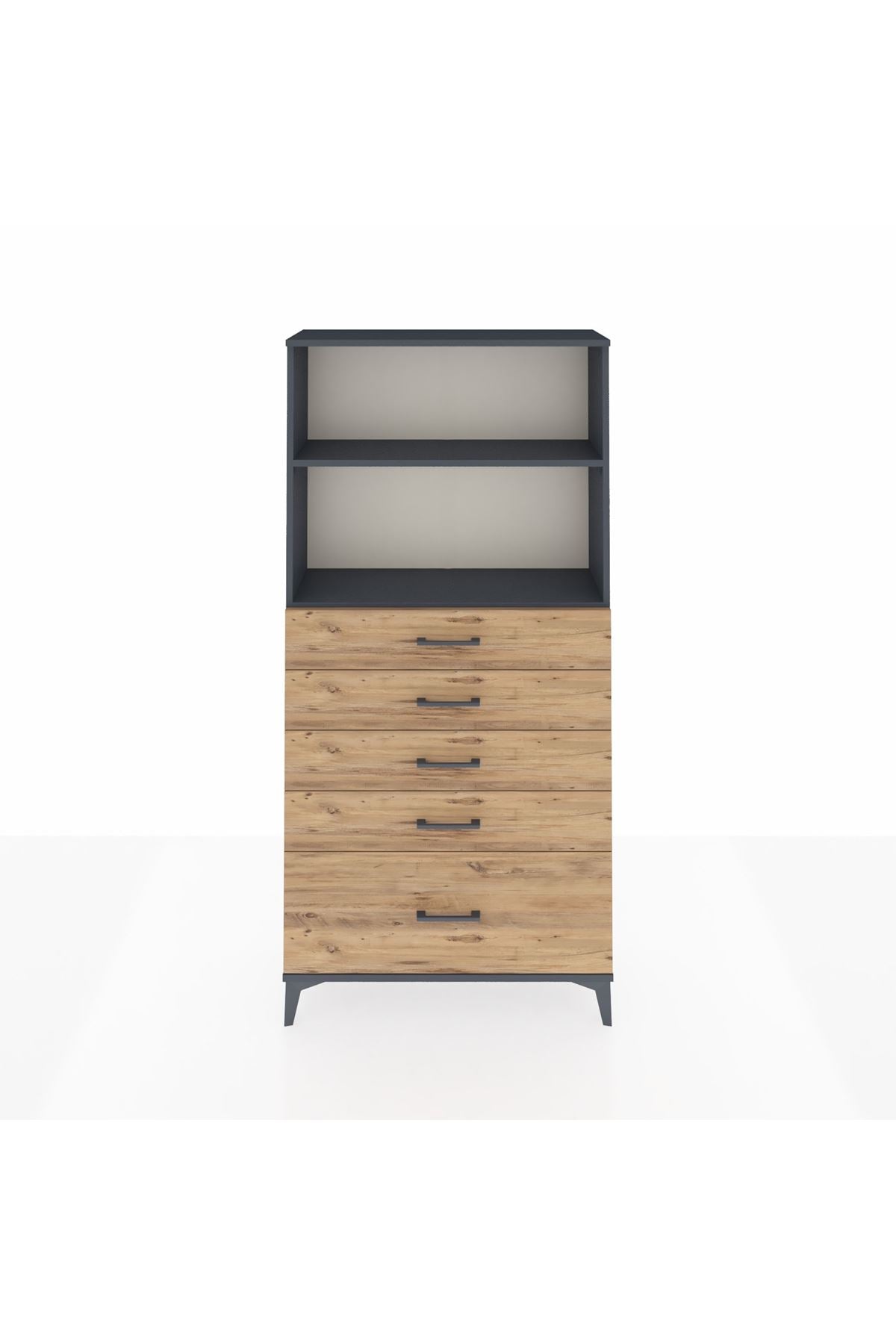 Arges Dolap 2 Raflı 5 Çekmeceli 88x30x182 Antrasit-Çam