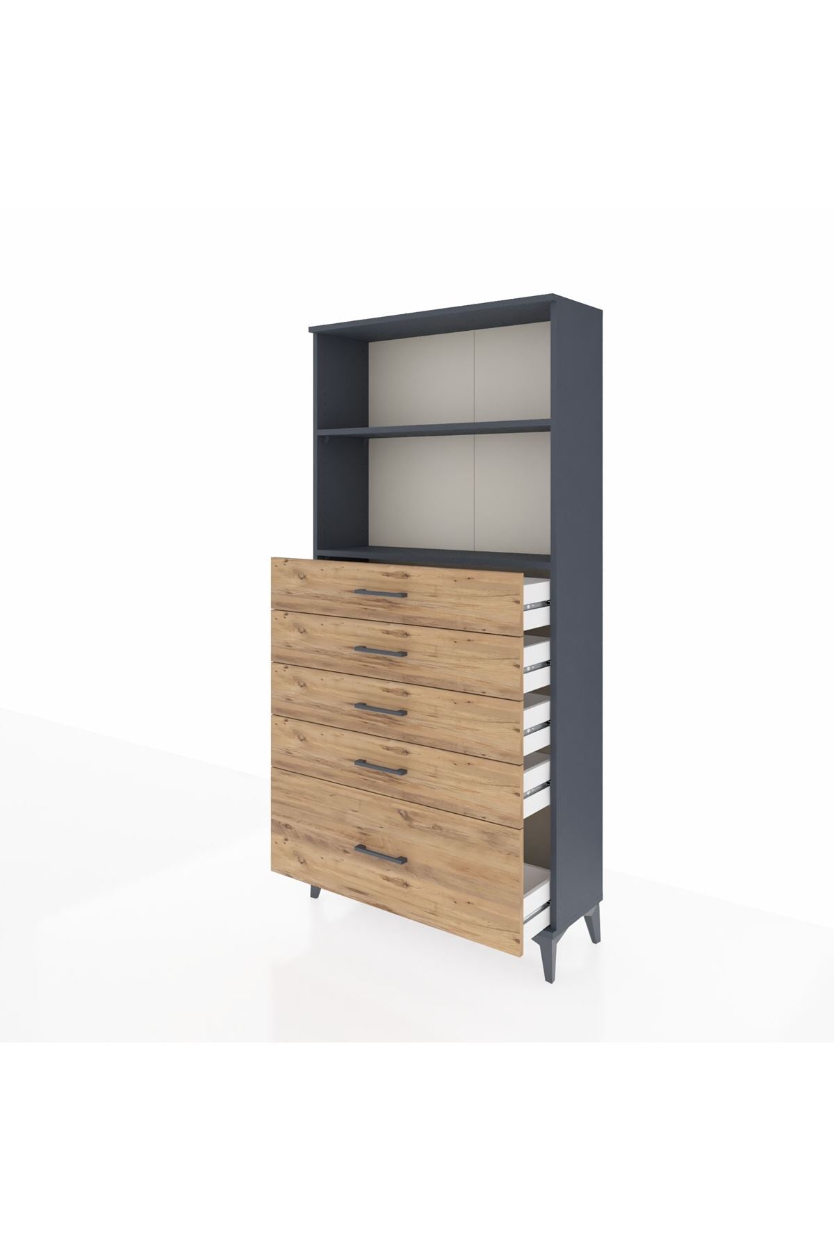 Arges Dolap 2 Raflı 5 Çekmeceli 88x30x182 Antrasit-Çam