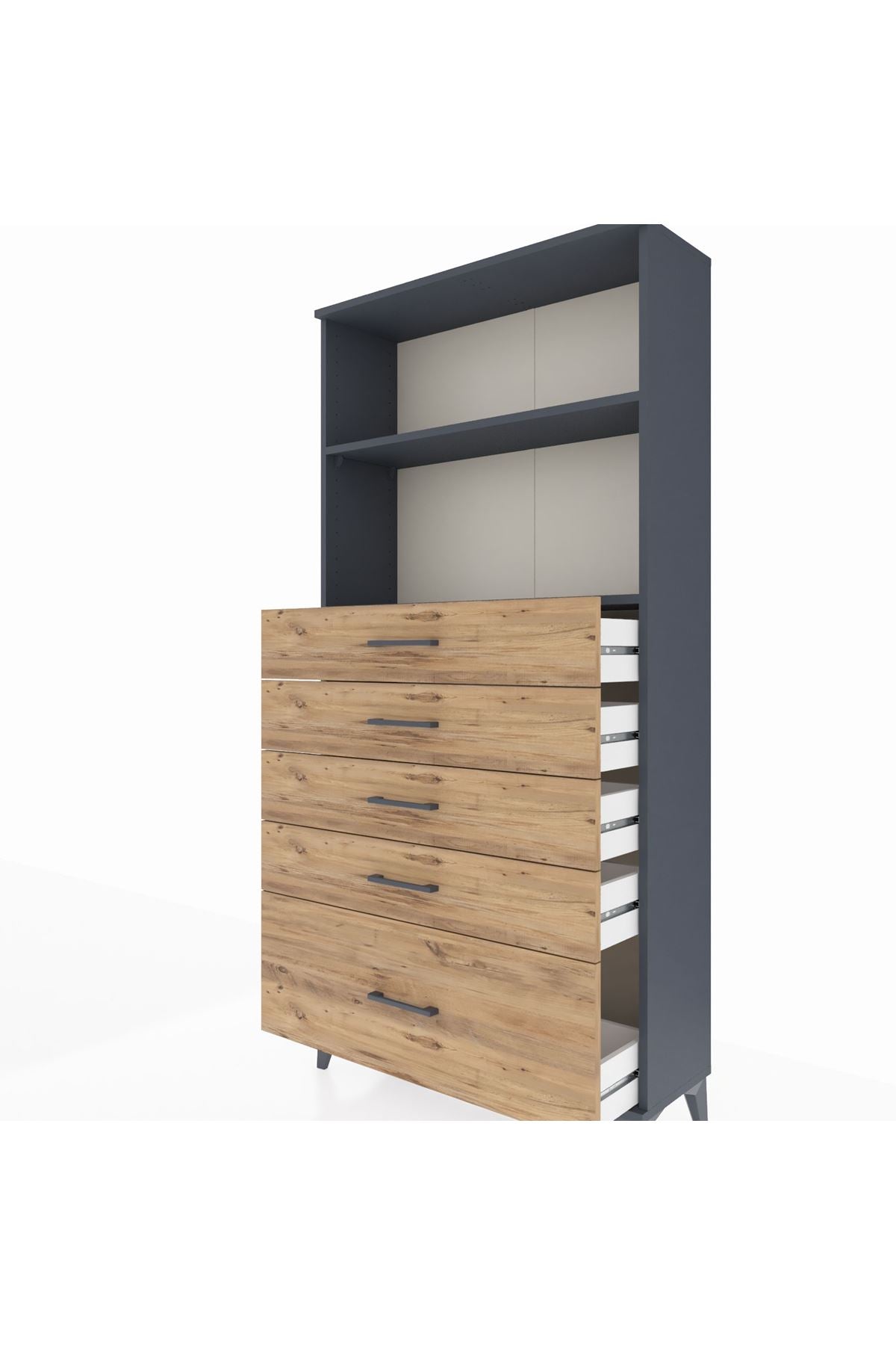 Arges Dolap 2 Raflı 5 Çekmeceli 88x30x182 Antrasit-Çam