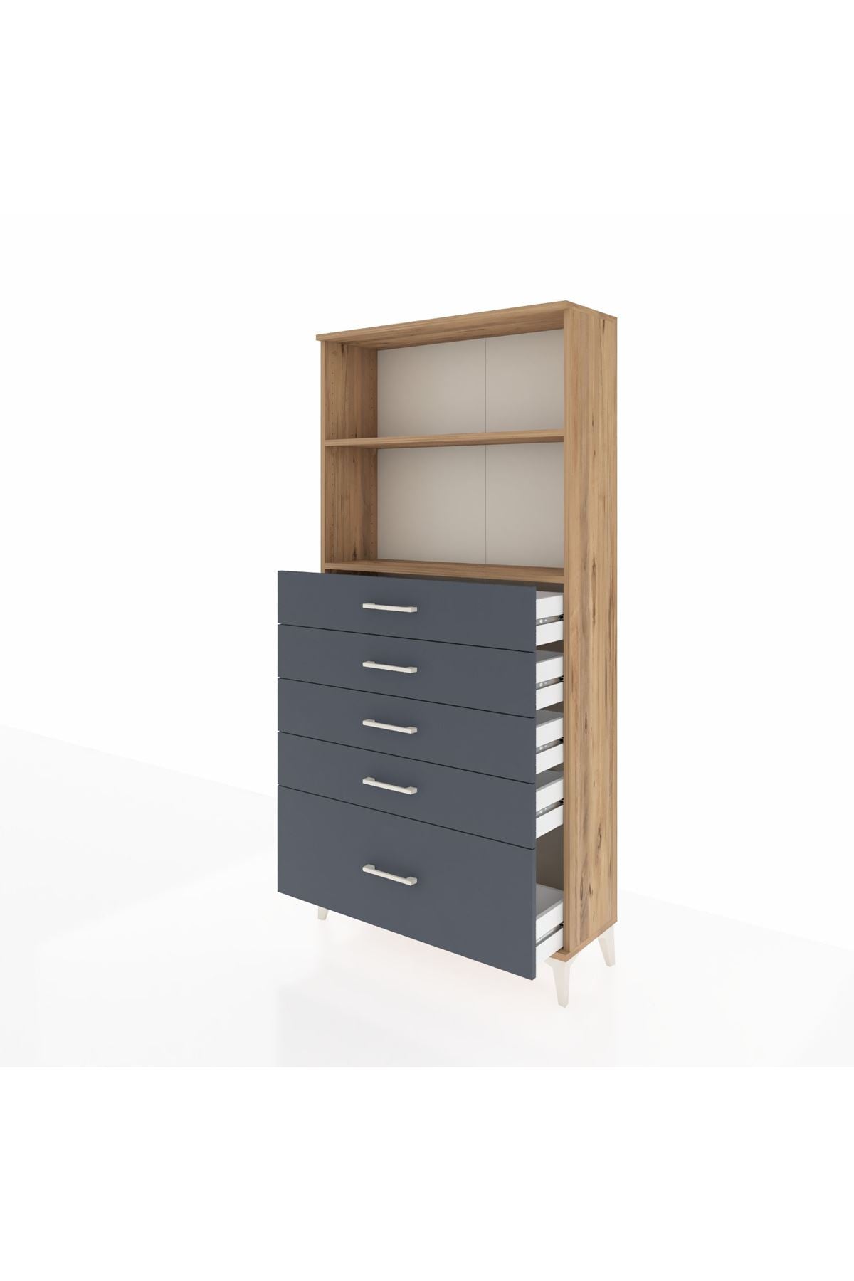 Arges Dolap 2 Raflı 5 Çekmeceli 88x30x182 Çam-Antrasit