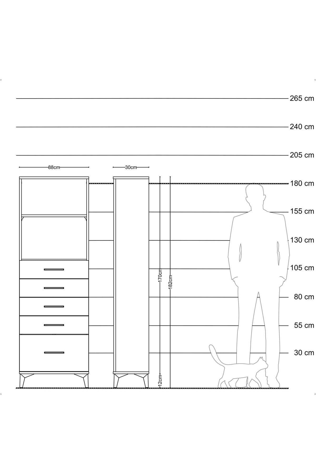 Arges Dolap 2 Raflı 5 Çekmeceli 88x30x182 Çam-Antrasit