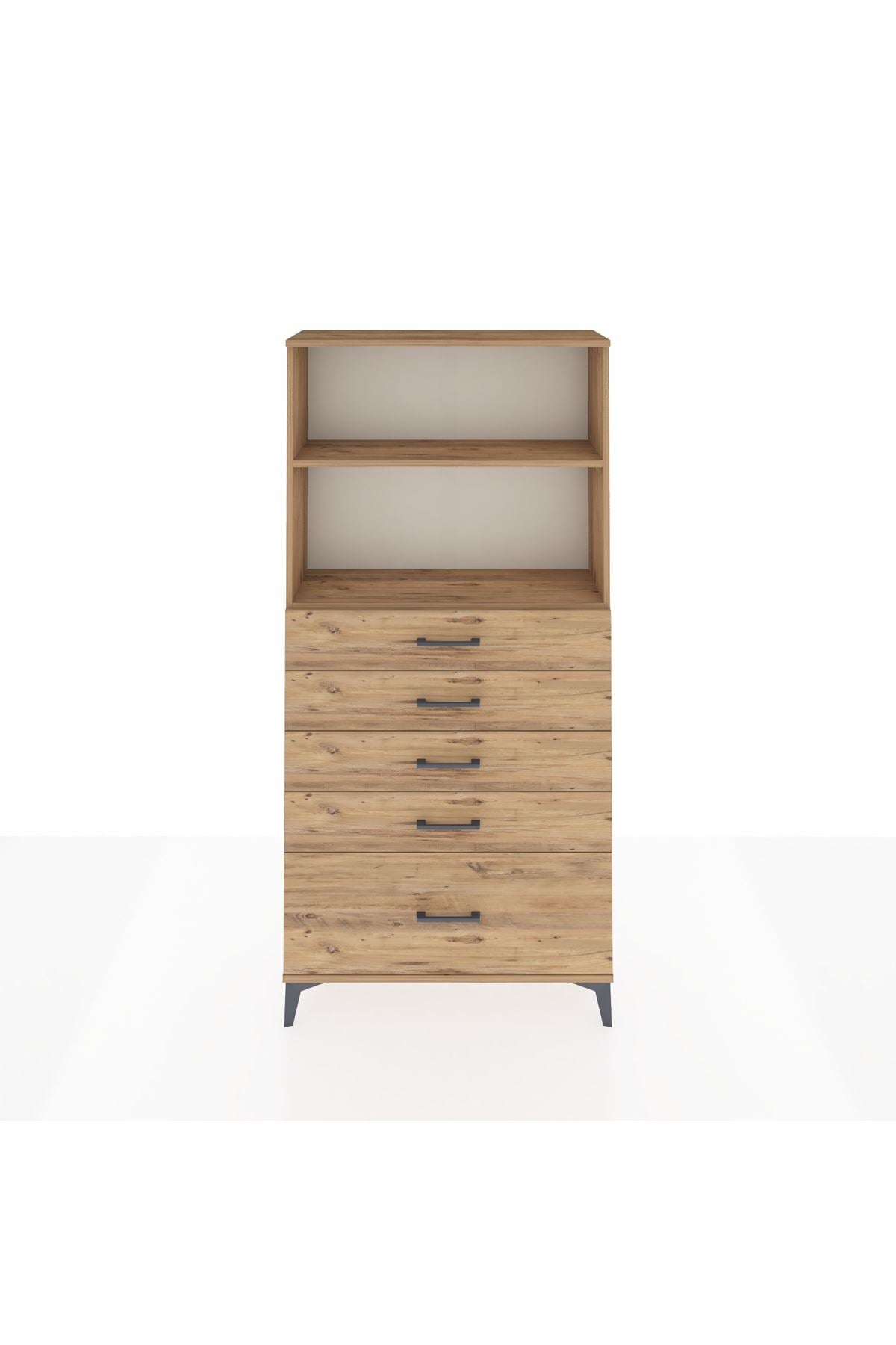 Arges Dolap 2 Raflı 5 Çekmeceli 88x30x182 Çam-Çam