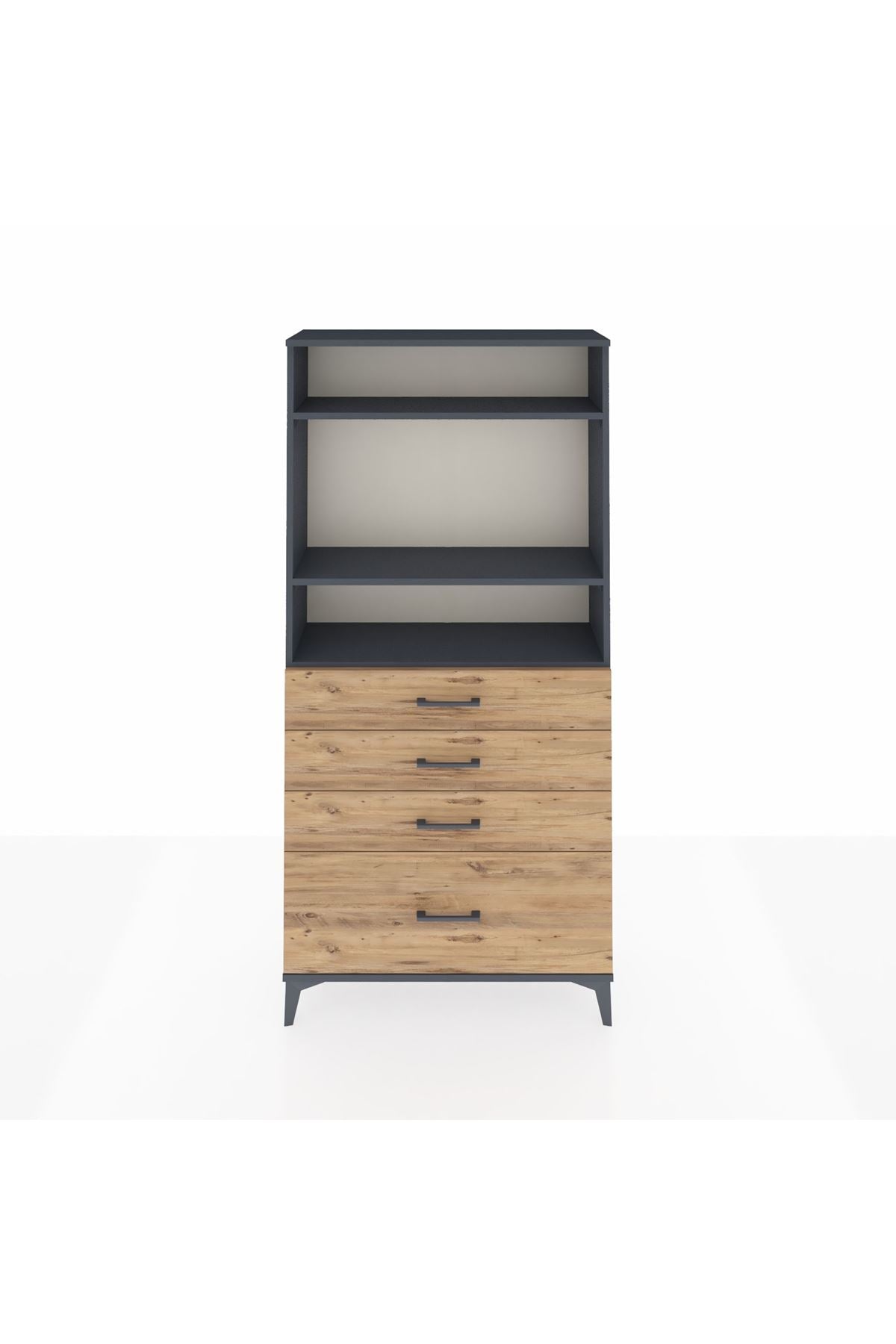 Arges Dolap 3 Raflı 4 Çekmeceli 88x30x182 Antrasit-Çam