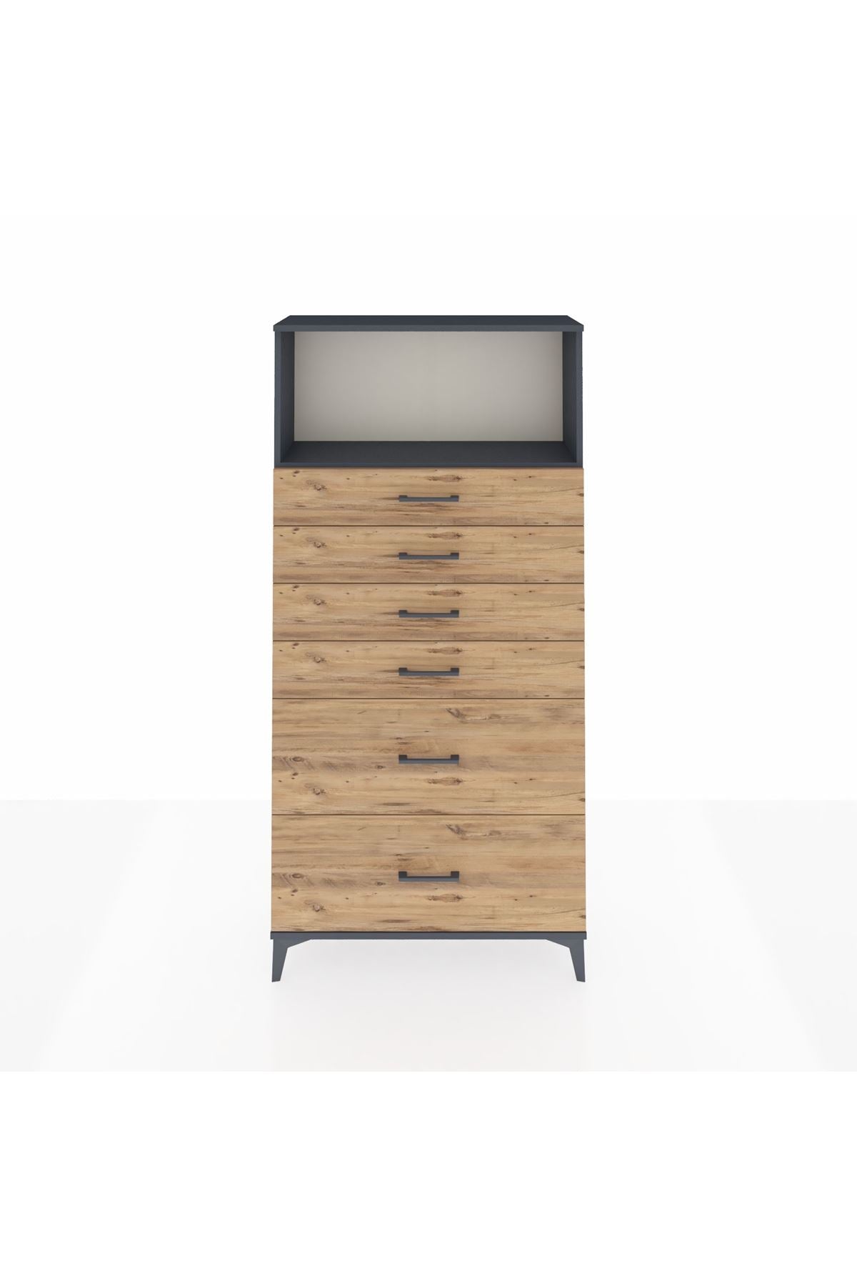 Arges Dolap Tek Raflı 6 Çekmeceli 88x30x182 Antrasit-Çam