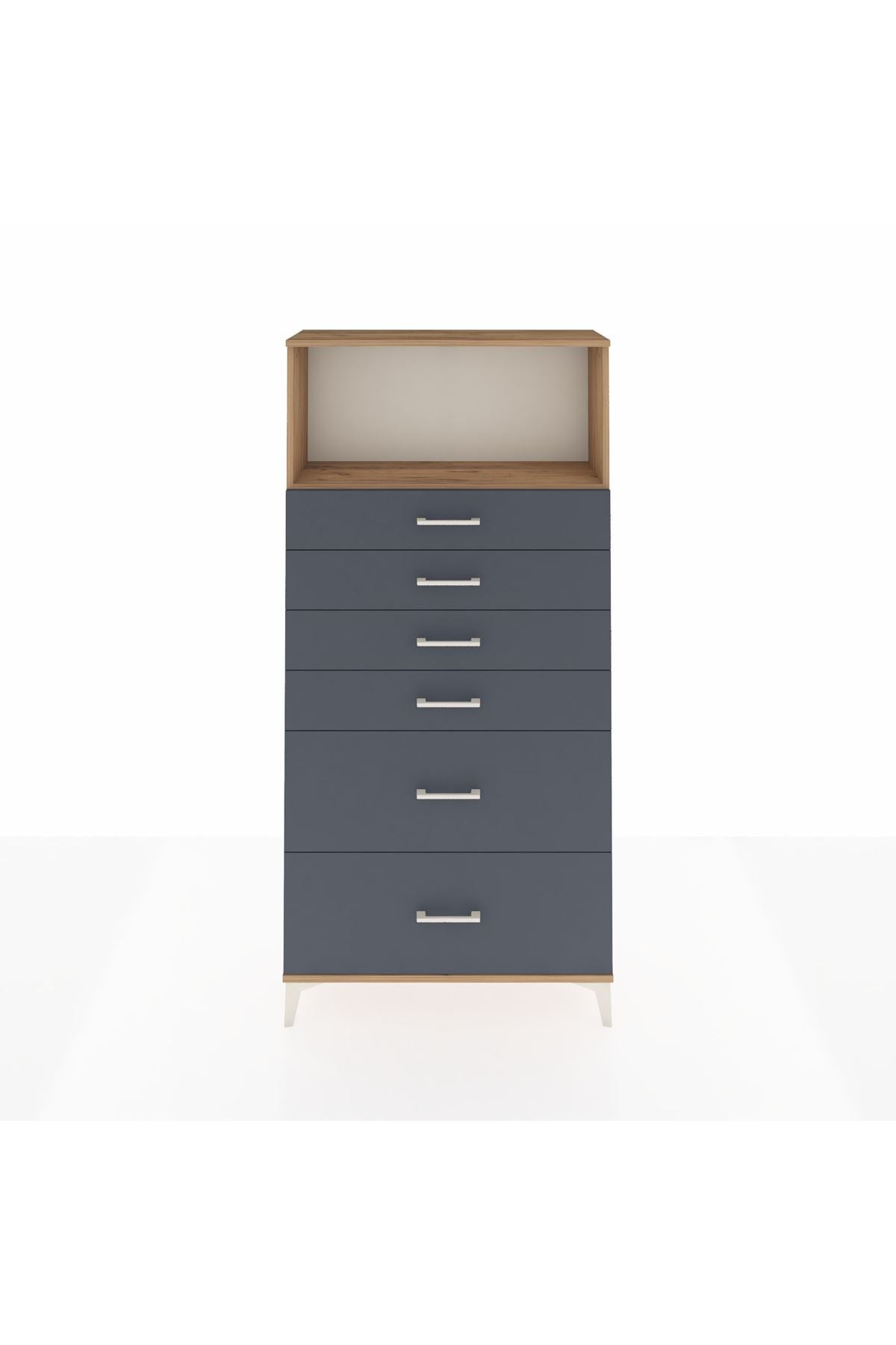 Arges Dolap Tek Raflı 6 Çekmeceli 88x30x182 Çam-Antrasit