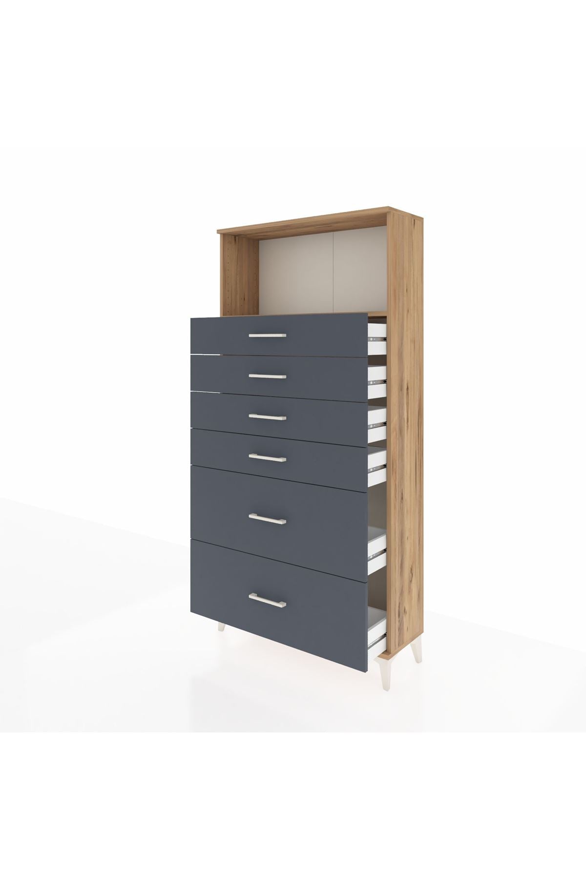 Arges Dolap Tek Raflı 6 Çekmeceli 88x30x182 Çam-Antrasit