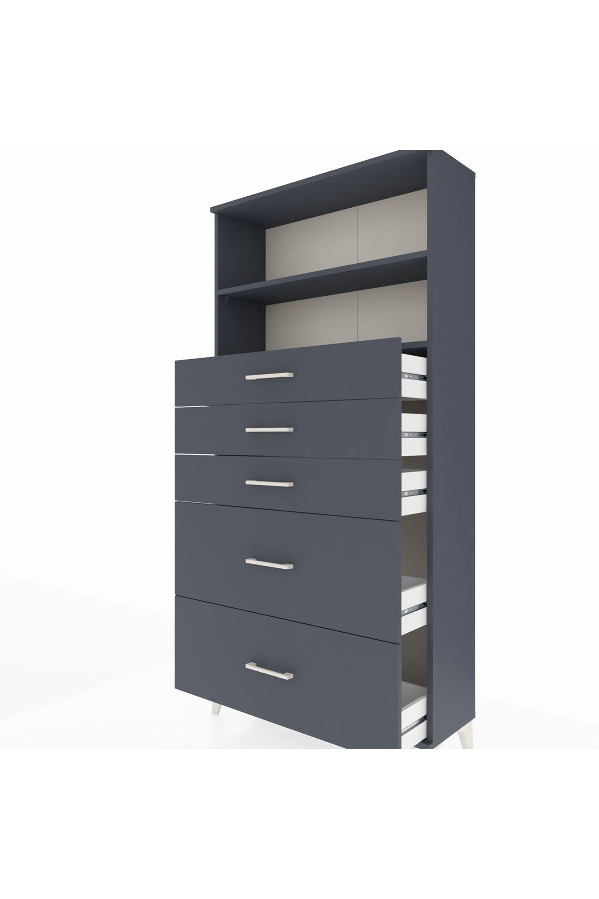 Arges Dolap 2 Raflı 5 Çekmeceli 88x30x182 Antrasit-Antrasit