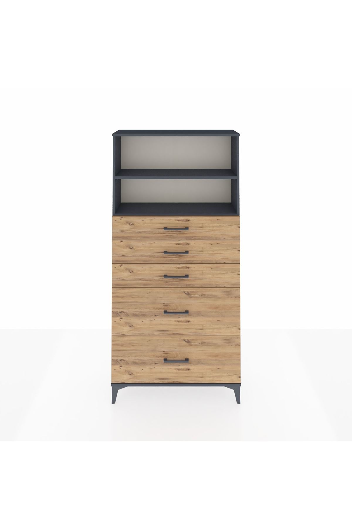 Arges Dolap 2 Raflı 5 Çekmeceli 88x30x182 Antrasit-Çam