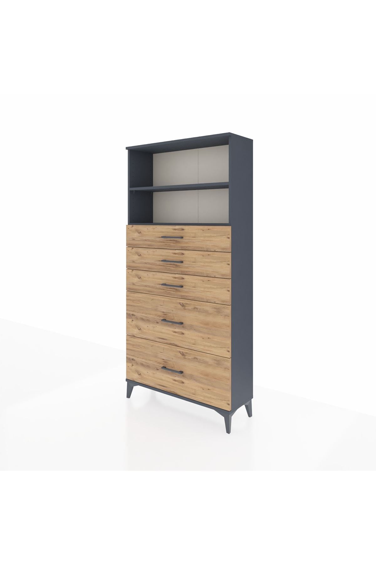 Arges Dolap 2 Raflı 5 Çekmeceli 88x30x182 Antrasit-Çam